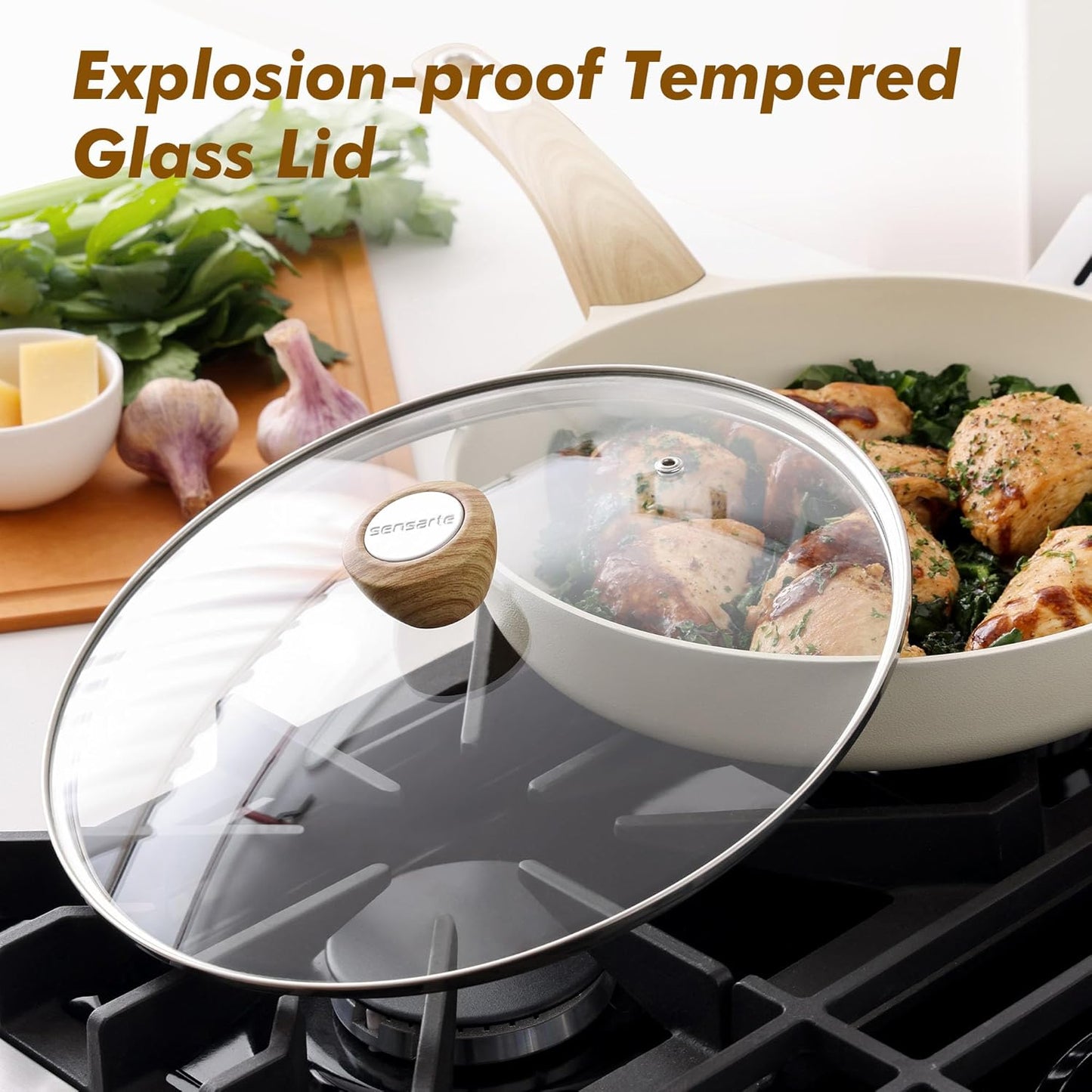 SENSARTE Ceramic Nonstick Frying Pan Skillet with Lid, 9.5inch Non Stick Pan Omelet Pans, Non-toxic Kitchen Cooking Chef's Pan, Free of Intentionally Added PFAS/PTFE/PFOA, Induction Compatible, White