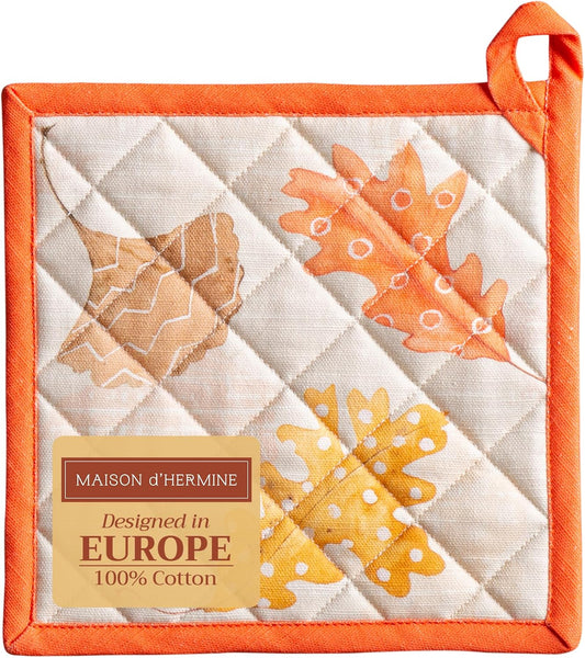 Maison d' Hermine Pot Holders 100% Cotton Heat Resistant Potholders 8" x 8" Hot Pads with Loop BBQ, Cooking, Baking, Grilling, Kitchen, Handling Hot Pans (Pack of 1, Colors of Autumn)