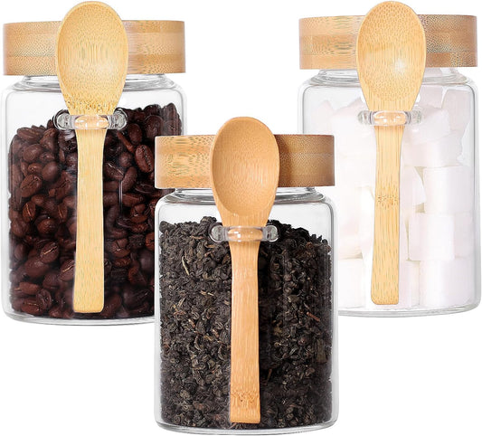 Glass Jar with Screw Lid and Spoon Set of 3, 16 OZ Tea Containers for Loose Leaf Tea, Salt and Sugar Containers for Countertop, Yogurt Jars for Overnight Oatmeal