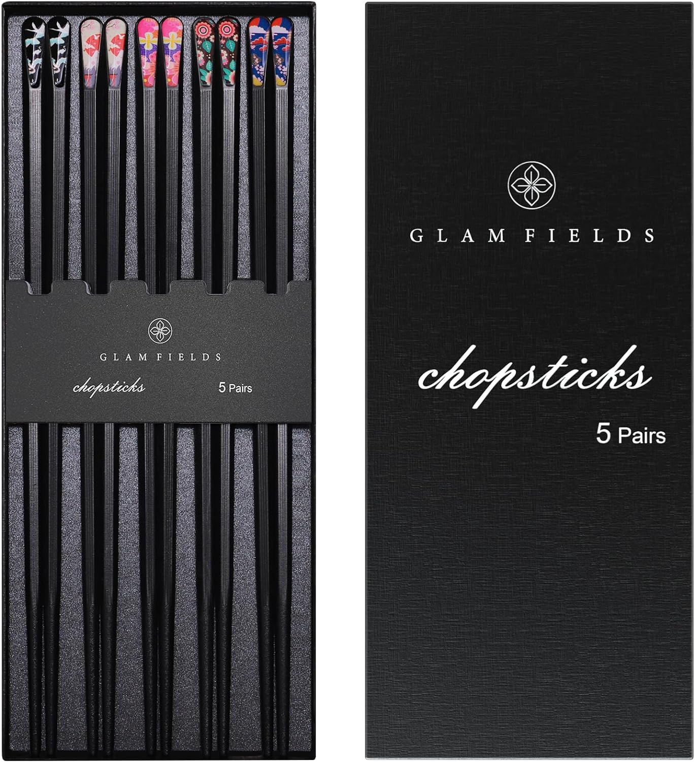 GLAMFIELDS 5 Pairs Premium Chopsticks Reusable Dishwasher Safe 9.5 Inch Fiberglass Chop Sticks Gift Set Hexagon Black Non Slip with the Printed Tops