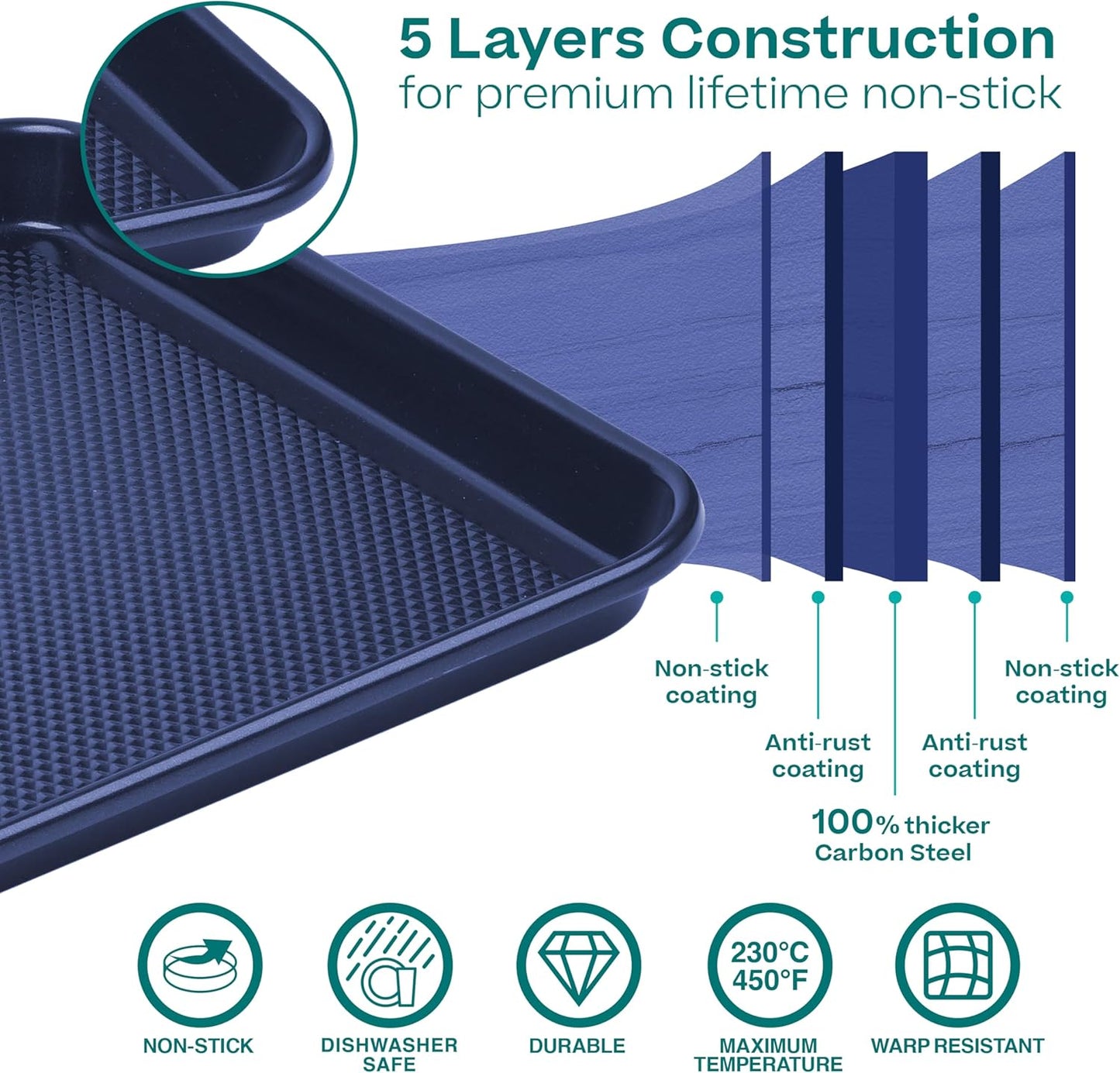 Baker's Secret Baking Sheets Non Stick, 3x Cookie Sheets for Oven, Diamond Texture Premium Air Flow, Set of 3 Baking Trays, Extra Thick 0.6mm with Diamond Base PFOA, PFOS, PTFE and PFAS free Bakeware