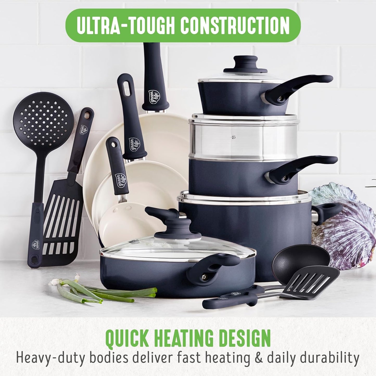 GreenLife 16 Piece Nonstick Cookware Set, Soft Grip Non-Toxic PFAS-Free Ceramic Pots & Pans, Dishwasher & Oven Safe, Frying, Sauce, Utensils, Glass Lids, Stay-Cool Handles, Wobble Free, Black & Cream