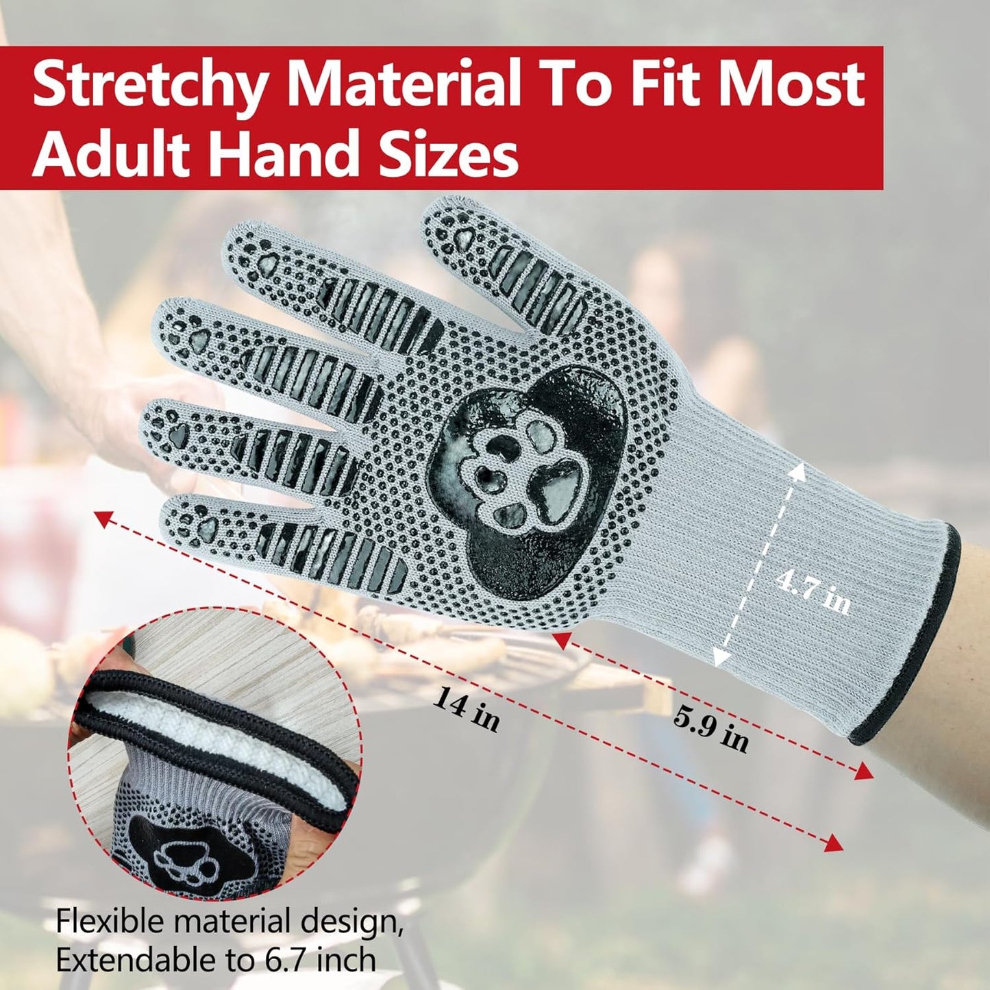 UBeesize Lengthen BBQ Gloves (Bear Paw), 1472°F Heat Resistant Grill Glove, 14 inch Fireproof Oven Gloves for Cooking, Non-Slip Fire Glove for Grilling, Barbecue, Smoker, Baking, Frying