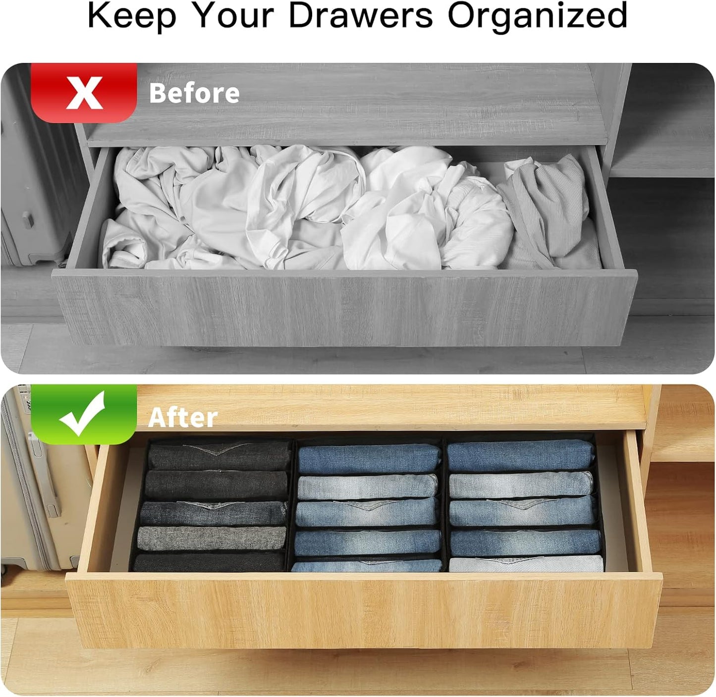 Qozary Jeans Pants Organizer for Closet, 4 Pack Drawer Organizers for Clothing, 5 Grids Wardrobe Clothes Storage, Deep Drawer, for Shirts, Leggings