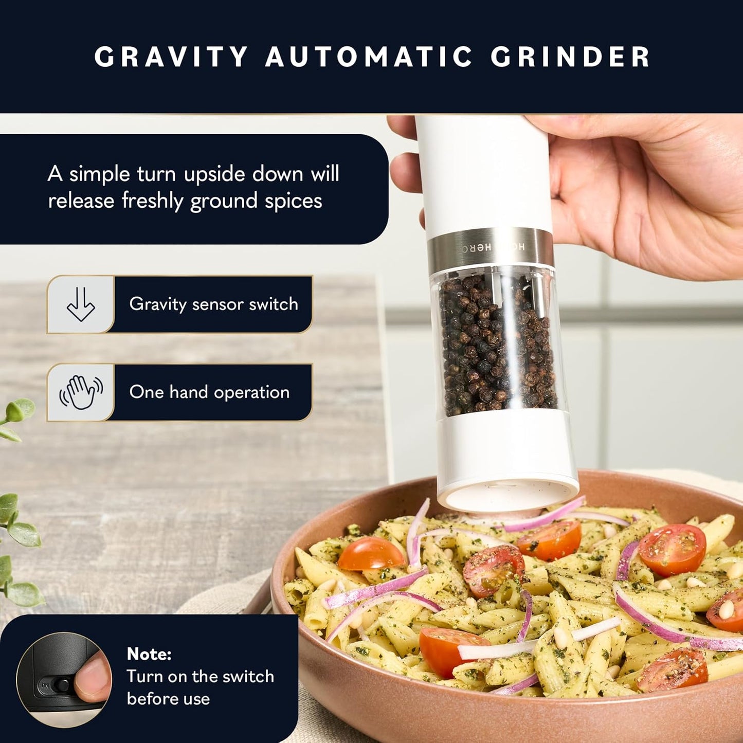 Home Hero Electric Salt and Pepper Grinder Set - Automatic Salt and Pepper Grinder Set Rechargeable. Electronic Salt and Pepper Shakers with LED Light, Gravity Electric Pepper & Salt Grinder, Set of 2