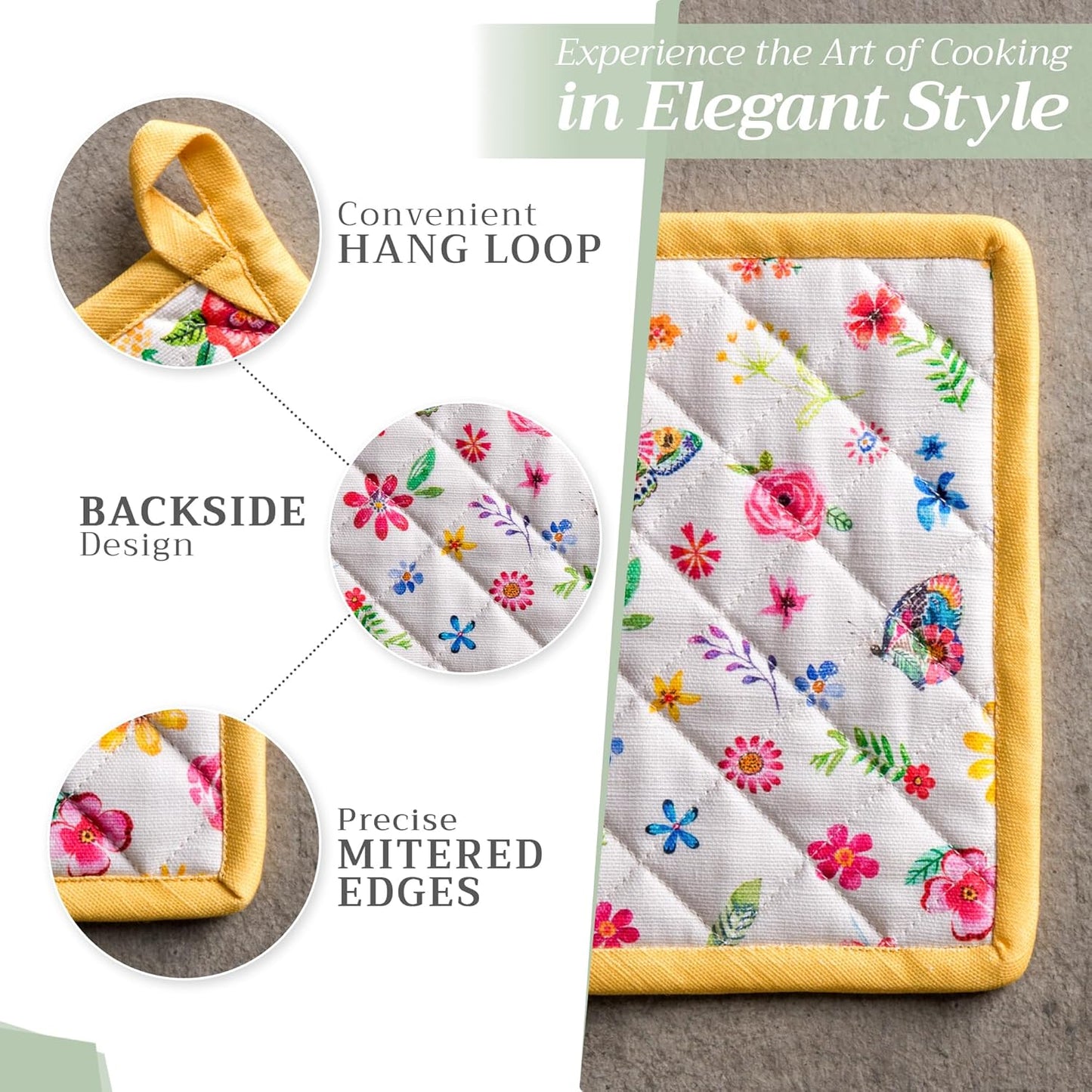 Maison d' Hermine Pot Holders Set 100% Cotton Heat Resistant Potholders 8" x 8" Hot Pads with Loop BBQ, Cooking, Grilling, Kitchen, Handling Hot Pans Spring/Summer (Pack of 2, Happy Florals - Sweety)
