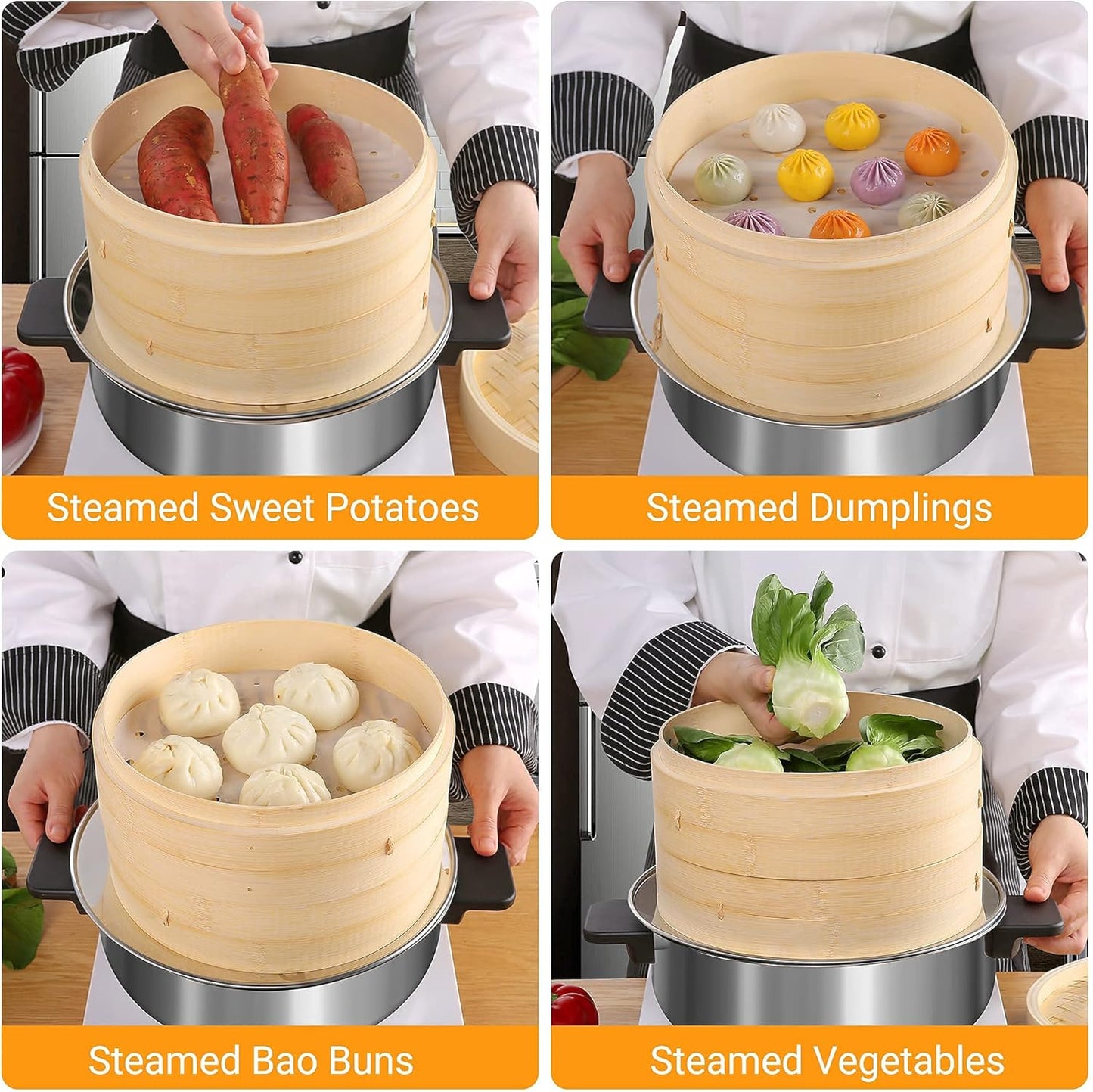 Bamboo Steamer - 2-Tier 10 Inch for Cooking Dim Sum, Momo, Rice - Chinese Basket for Bao Bun, Dumplings - Japanese Steaming