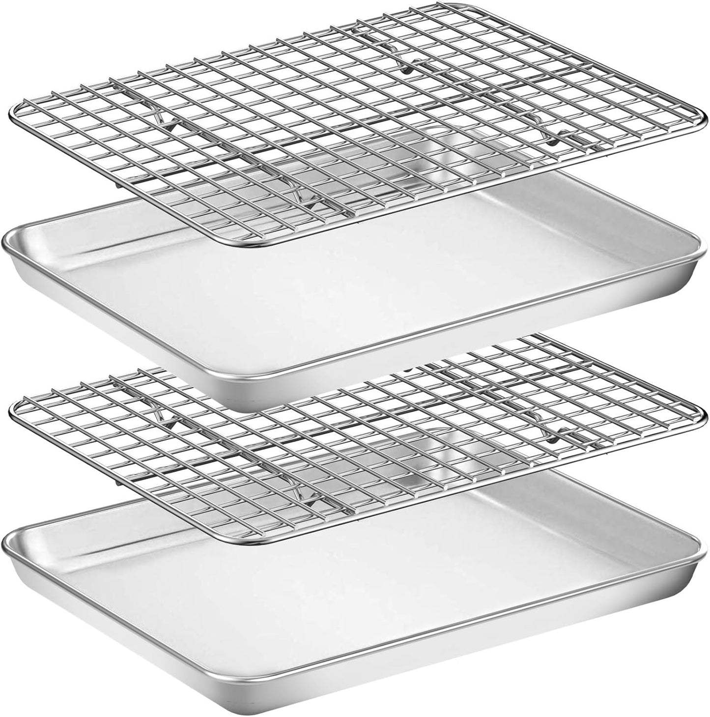 Baking Sheet with Rack Set [2 Pans + 2 Racks], Wildone Stainless Steel Cookie Sheet Baking Pan Tray with Cooling Rack, Size 10 x 8 x 1 Inch, Non Toxic & Heavy Duty & Easy Clean
