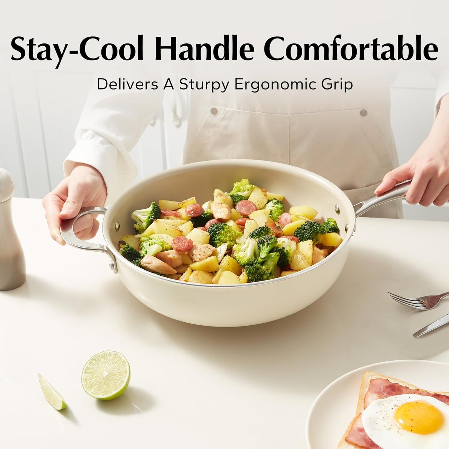 Redchef Ceramic Saute Pan with Lid, Nonstick Deep Frying Pan, 5QT Jumbo Cooker with Helper Handle & Lid, Non Toxic Ceramic Cooking Pan, Chef Pan, Dishwasher & Oven Safe, PFAS PFOA & PTFE Free