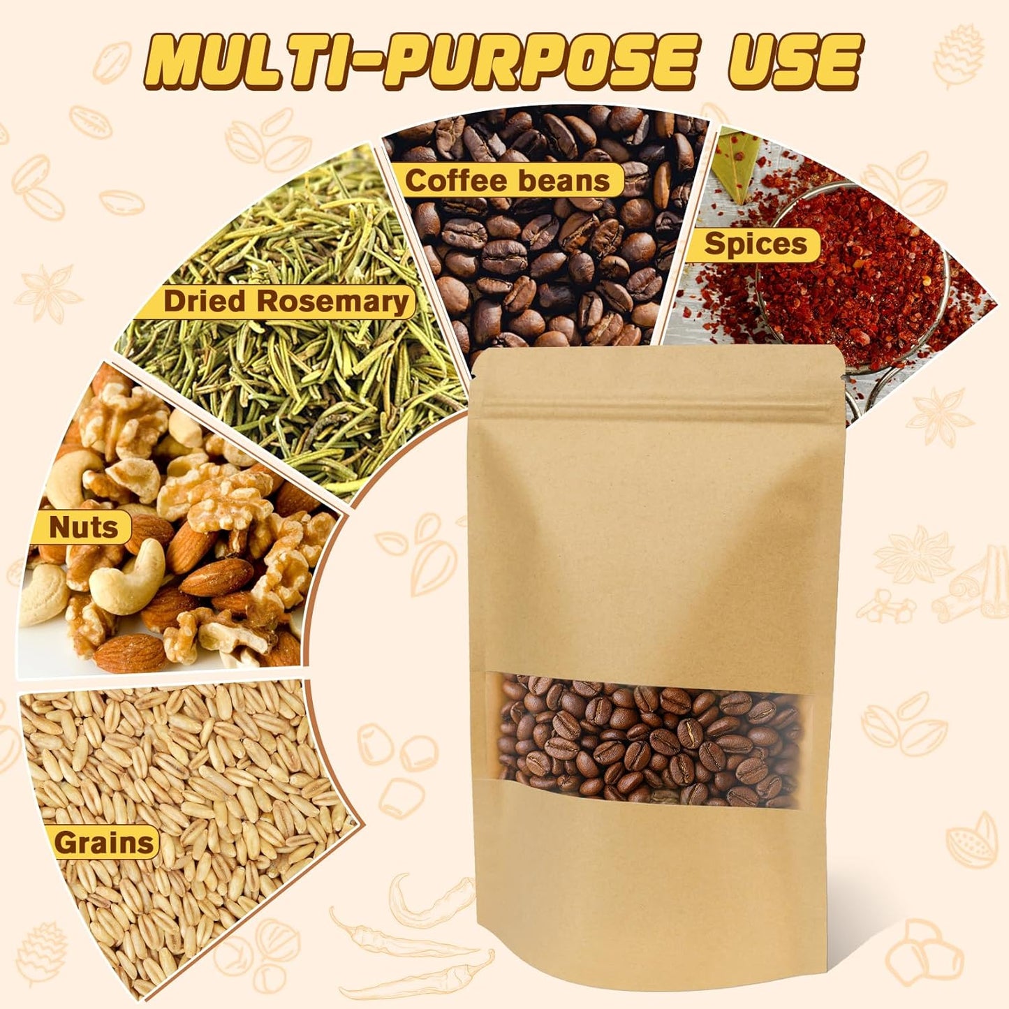 Jetmore-50pack-Smell-Proof-Bag, Reusable Zip Lock Bags with Window, Resealable Stand Up Packaging Bags, Brown Paper Pouches for Coffee, Tea, Herbs, Spice, Snack, Baked Goods, Goodie Bags