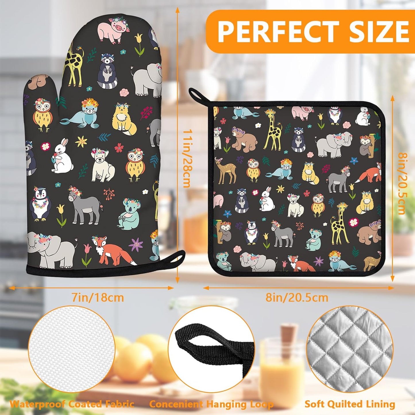 Cute Animals Oven Mitts and Pot Holders Sets 4Pcs,Extra Long Oven Gloves Potholder for Kitchen Cooking Baking BBQ 100% Cotton Heat Resistant