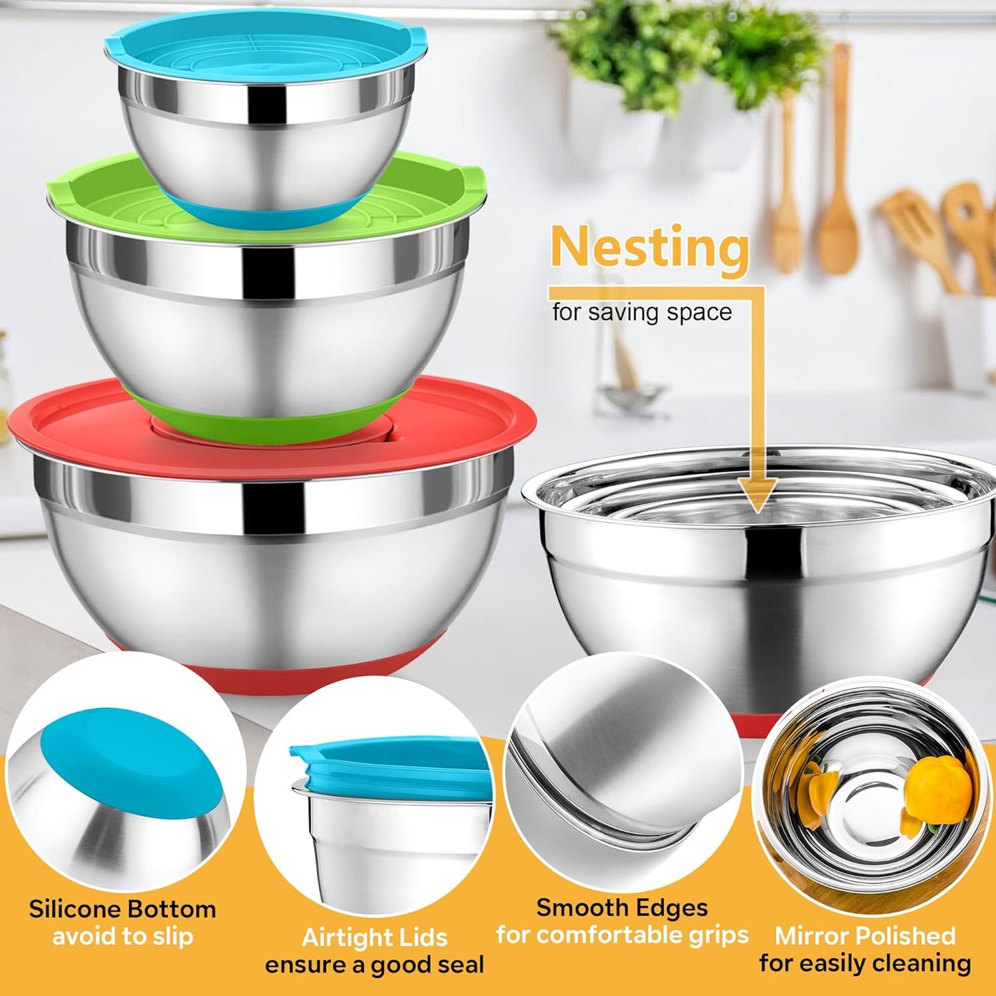 P&P CHEF Mixing Bowl with Lids Set of 3, Stainless Steel Nesting Salad Bowls for Serving Preparing, 3 Grater Attachments & Non-Slip Bottoms, Size 1.5/2.6/4.6 QT, Multicolor