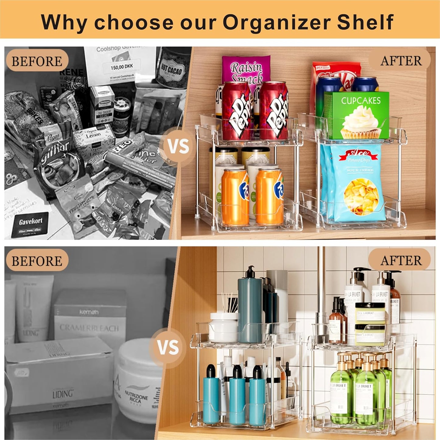 JLKDQ 4 Pack Bathroom Under Sink Organizers and Storage, 2-Tier Pull Out Medicine Cabinet Organizing- Kitchen, Pantry, Medicine Storage Bins, Vanity Makeup.(Clear,10.63" L x 8.0" W x 8.46" H).