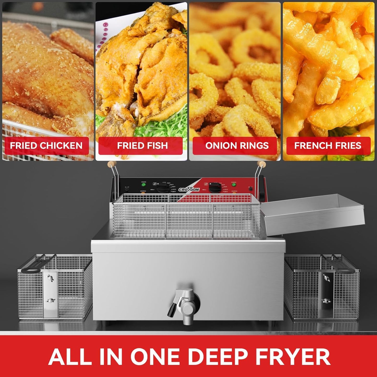 CROSSON 24Lbs Electirc Triple Basket Turkey Fryer With Oil Drain Spout,Oil Drain Rack,Commercial Countertop Donut Deep Fryer To Fry a Whole Fish or Turkey