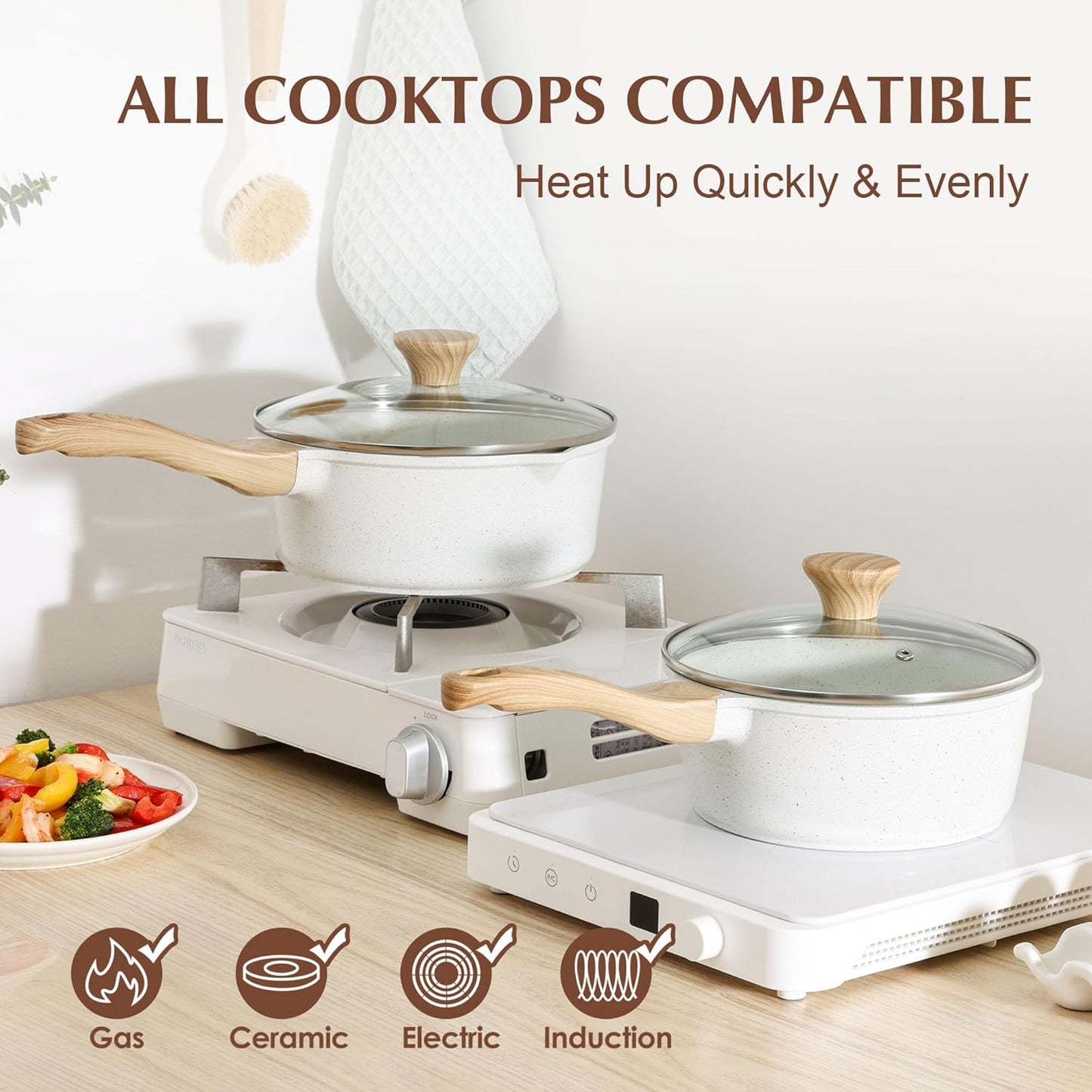 SENSARTE White Ceramic Nonstick Saucepan with Lid 1.5 Quarts, Small Cooking Pot with Stay Cool Handle, Induction Compatible Saucepot, White Granite Coating, Free of Intentionally Added PTFE/PFOA/PFAS