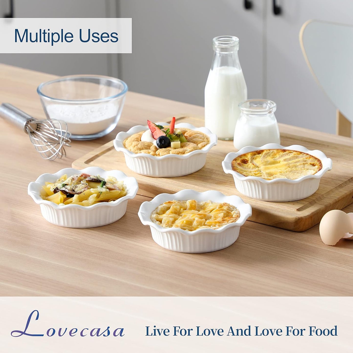 LOVECASA Ceramic Mini Pie Pans Set of 6-5.5 Inch Oven Safe Small Pie Dishes, Nonstick Mini Pot Pie Baking Tins for Chicken Pot Pie, Tarts, Quiches & Desserts, Stackable Ruffled Rims, White