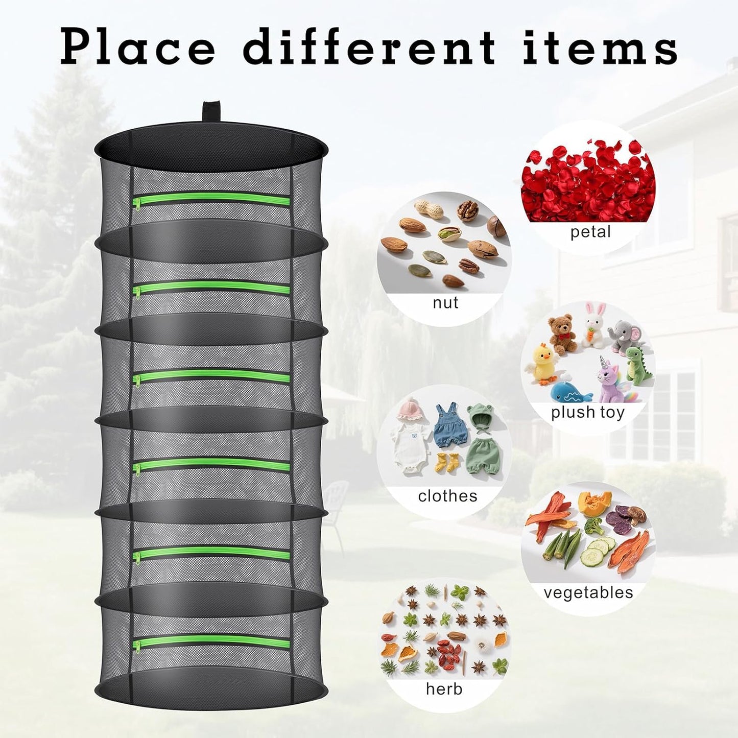 Herb Drying Rack with Mesh Design - Hanging Herb Dryer with Green Zipper for Garden, Home, Indoor or Outdoor Use (6layer)