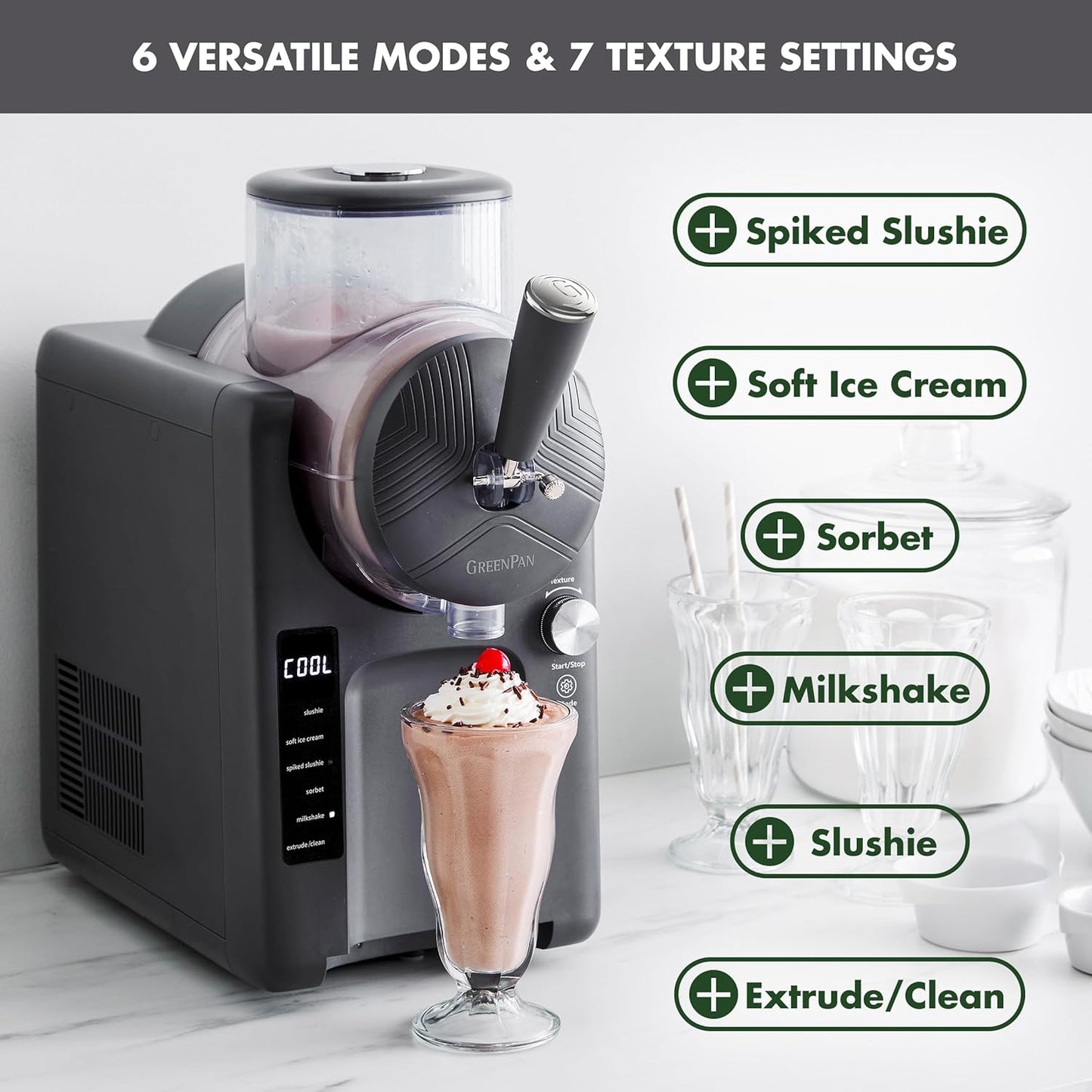 GreenPan Frost Ice Cream Machine & Frozen Drink Maker, Soft Serve, Slushie, Milkshakes & Cocktails, No Freezer Needed, 15-in-1, 7 Textures, Quiet & Rapid, Easy Clean, Family Size, Licorice Gray