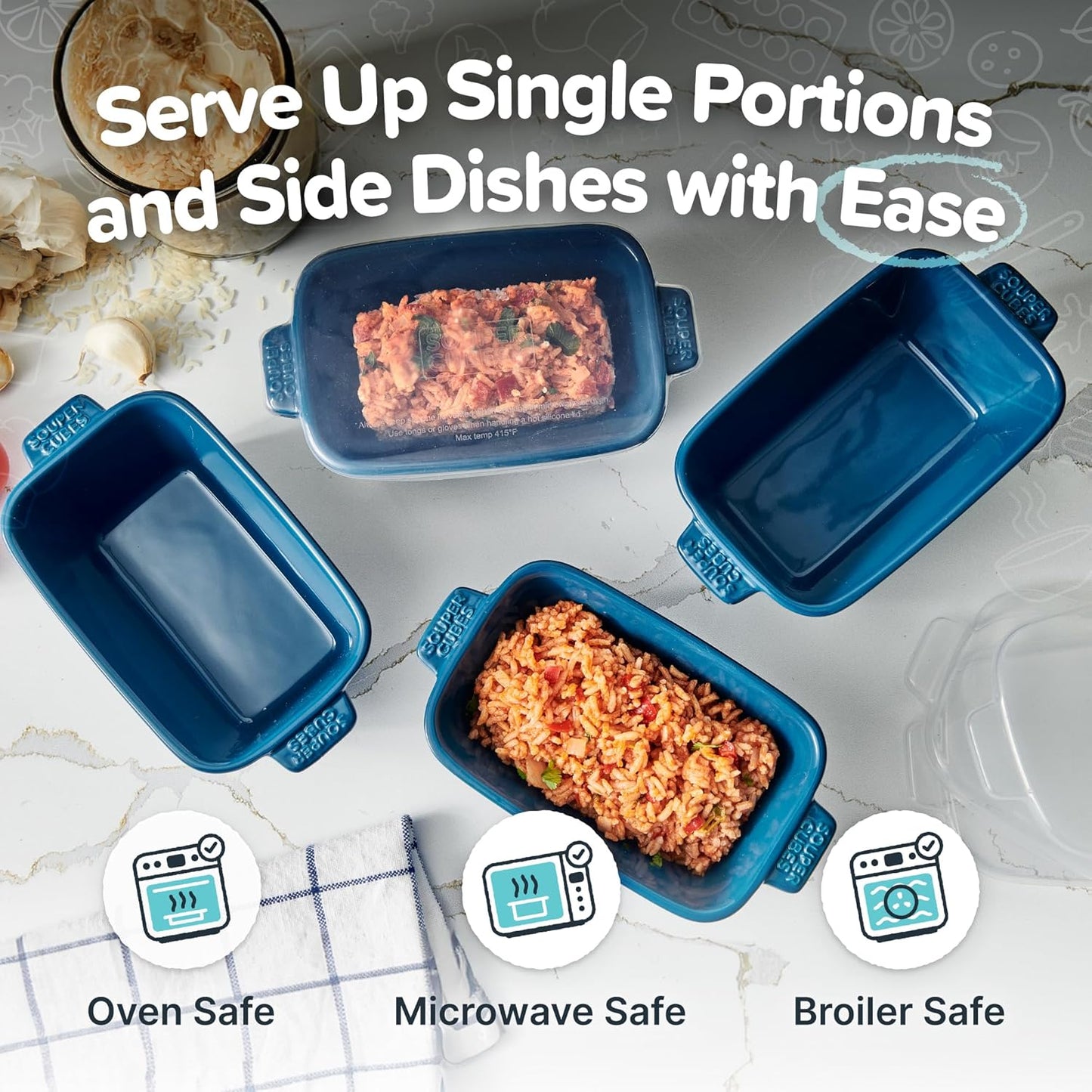 Souper Cubes Stoneware - Small Ceramic 5" x 3" Baking Dish with Silicone Covers, Small Baking Dishes for Oven Perfect for Reheating Single Serve Portions, Set of 4 - Blueberry