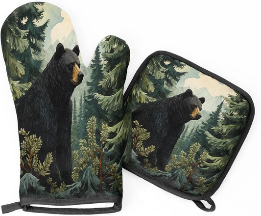 Black Bear Forest Wild Animals Oven Mitts and Pot Holders Sets, 2 Pcs Decorative Kitchen Oven Glove for Cooking