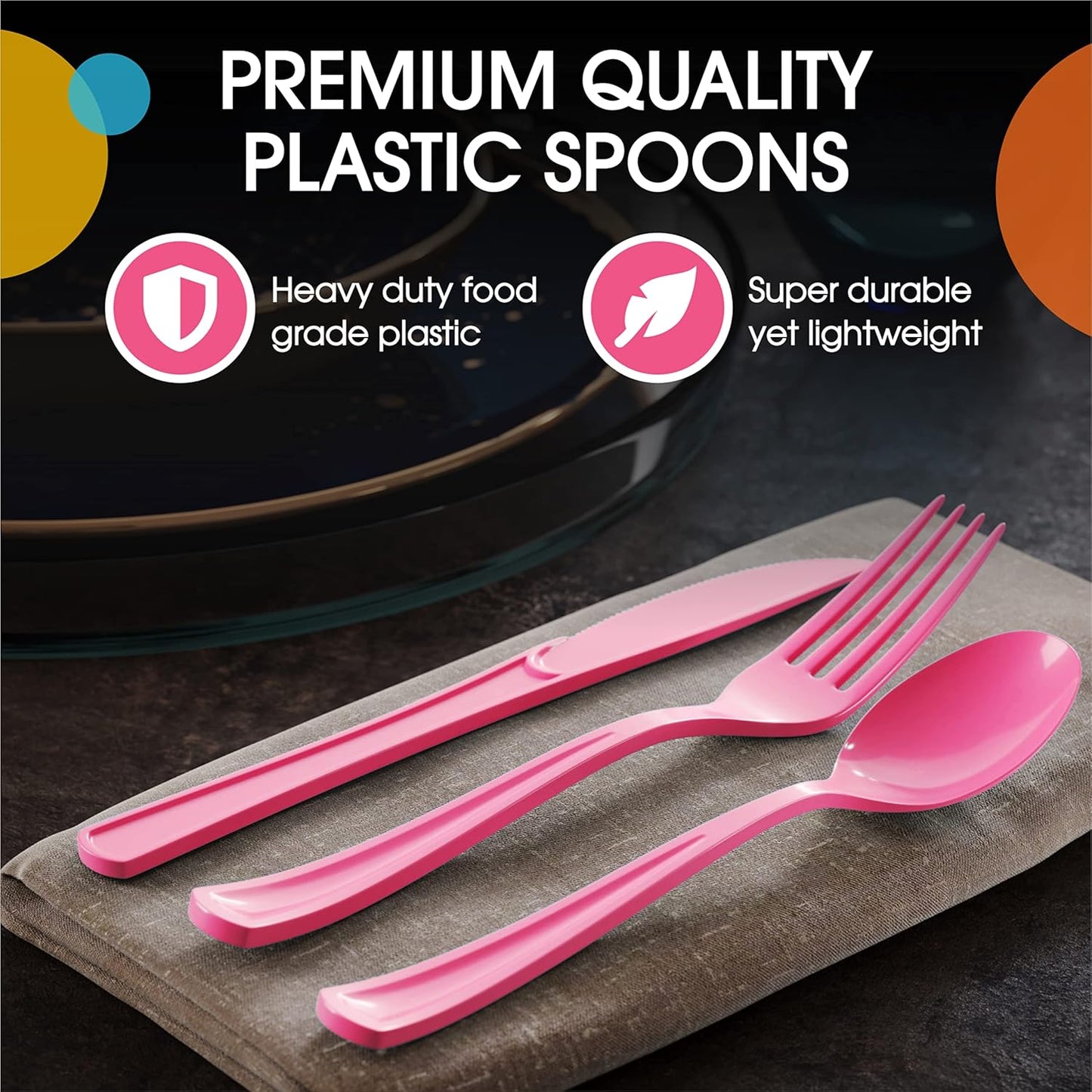 Party Solids Disposable Hot Pink Plastic Spoons 200 Pcs - Heavy Duty Hot Pink Plastic Disposable Cutlery