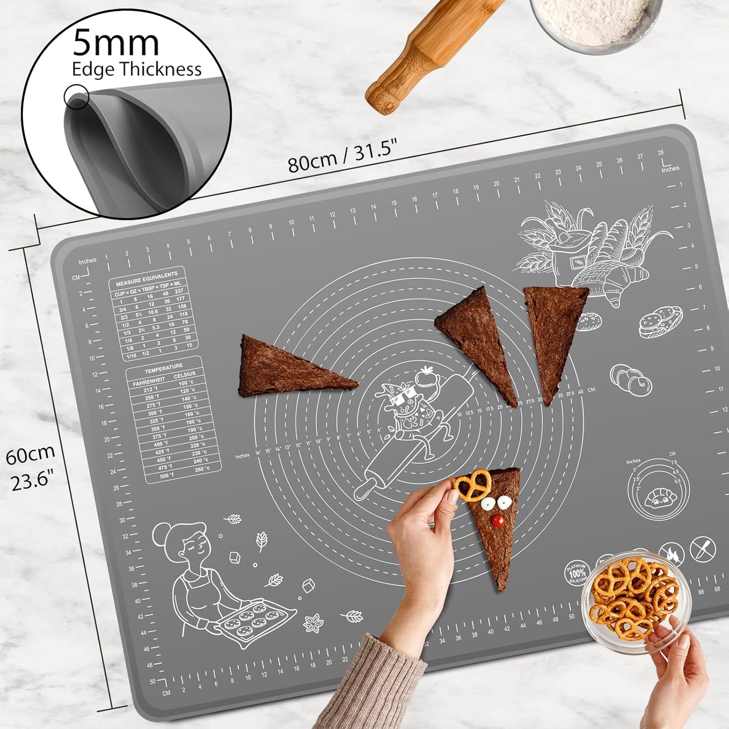 Silicone Baking Mat 32x24 inch, Extra Thick Non-stick Pastry Mat with Measurements and Edge Heightening, Food Grade Silicone for Countertop Dough Rolling Making Bread, Cookies, Pizza, Fondant, Pasta