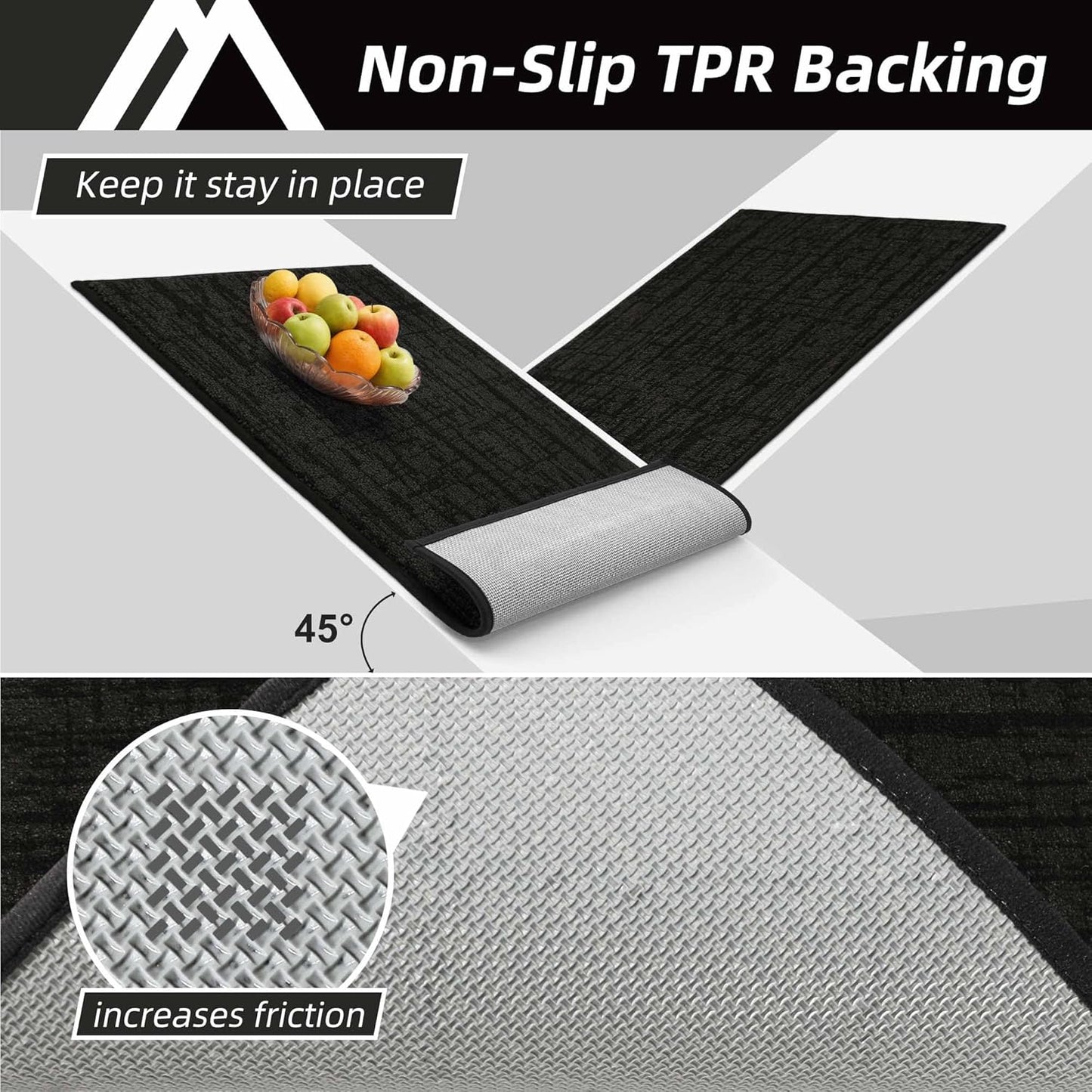 COSY HOMEER Kitchen Rugs 20"x32"+20"x48" Absorbent Soft Kitchen Mats for Floor Non Slip Kitchen Runner Rug Polyester Washable Kitchen Floor Mats for Sink Mat,Hallway,Laundry,Black