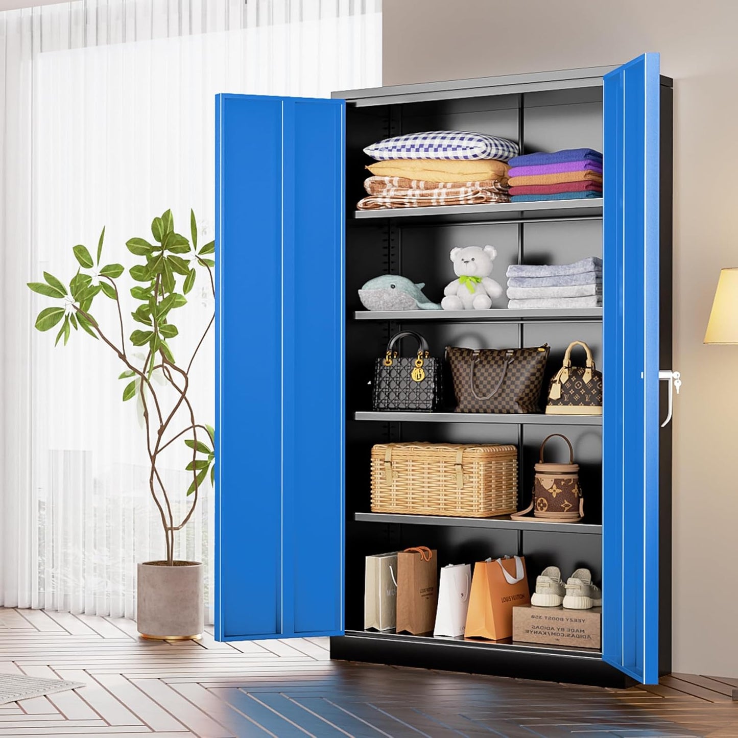 INTERGREAT Storage Cabinet, 72” Steel Locking Closet with Doors and 4 Adjustable Shelves, Tool Unit for Home Office, Garage & Tall Lockable File Cabinet, Black Blue.