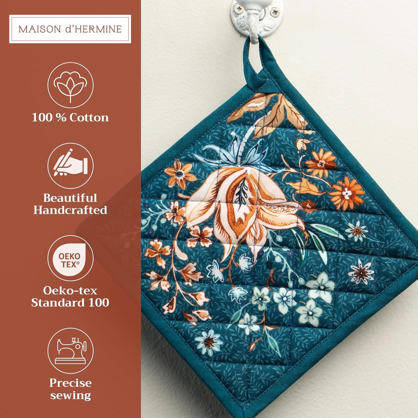 Maison d' Hermine Pot Holders Set 100% Cotton Heat Resistant Potholders 8" x 8" Hot Pads with Loop BBQ, Cooking, Baking, Grilling, Kitchen, Handling Hot Pans (Pack of 2, Luxury Loft-Dark Teal)