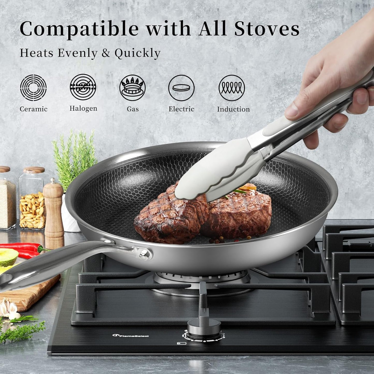 Stainless Steel Frying Pan Nonstick Frying Pan with Lid 10 Inch Honeycomb Stainless Steel Skillet Woks Pan for Gas Electric Induction Ceramic Stoves and Oven