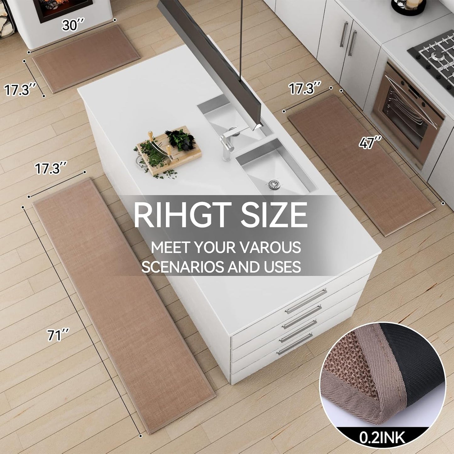 Kitchen Mat Set of 2 PCS, Cushioned Non Slip Rugs for Kitchen Floor, Absorbent Runner Comfort Standing Mats Washable for Kitchen, Office, Home (Camel, 17.3"x47"+17.3"x30")