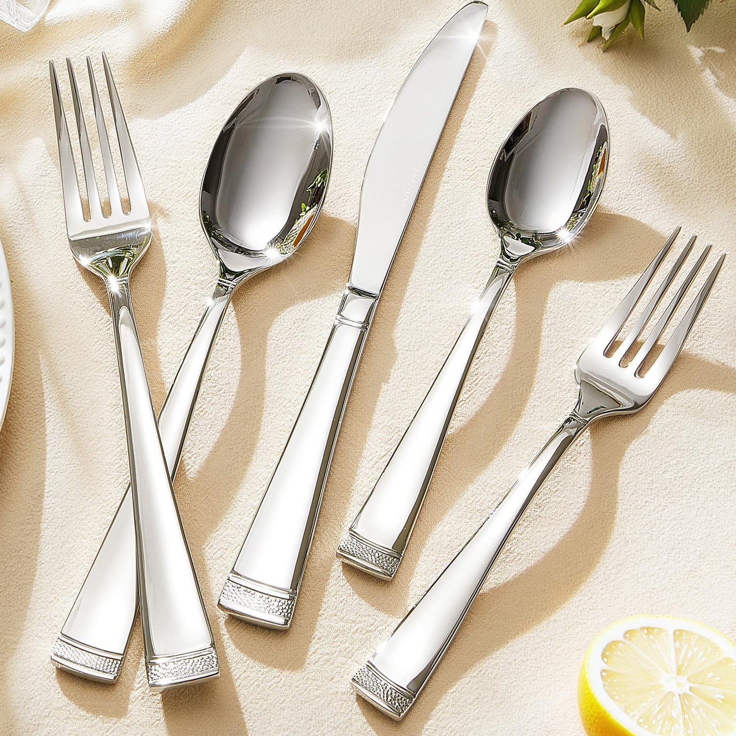 KINGSTONE Silverware Set, 60-Piece Flatware Set for 12, 18/10 Stainless Steel Cutlery Set with Bead Edge, Utensil for Kitchen, Home, Party, Wedding, Mirror Polished, Dishwasher Safe, Featured Gifts