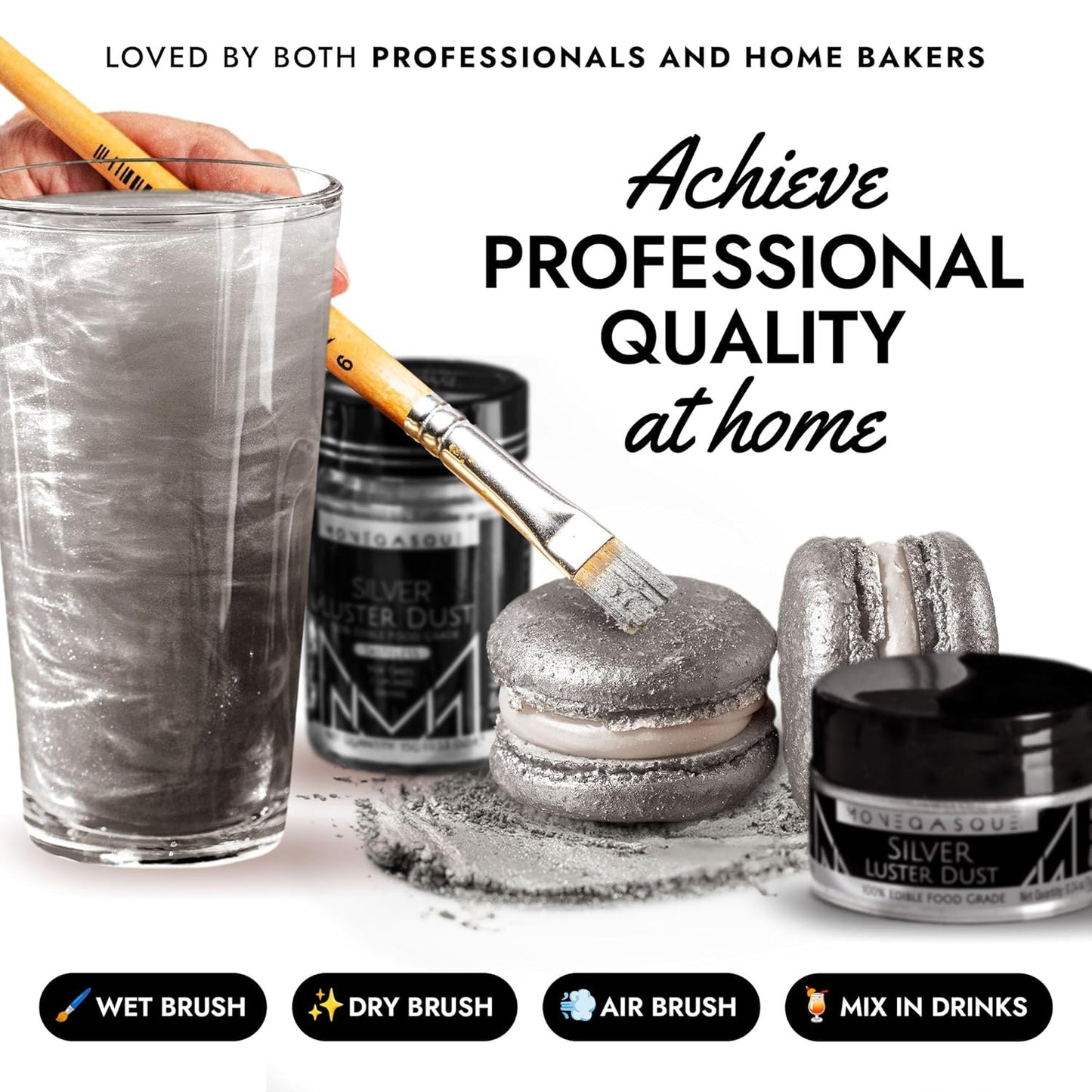 MONÉGASQUE Silver Edible Glitter for Drinks 7g – Edible Glitter for Cakes & Cocktails – Luster Dust for Drinks, Cocktail, & Cakes – Silver Cake Decorations Spray Sprinkles & Halloween Drink Shimmer