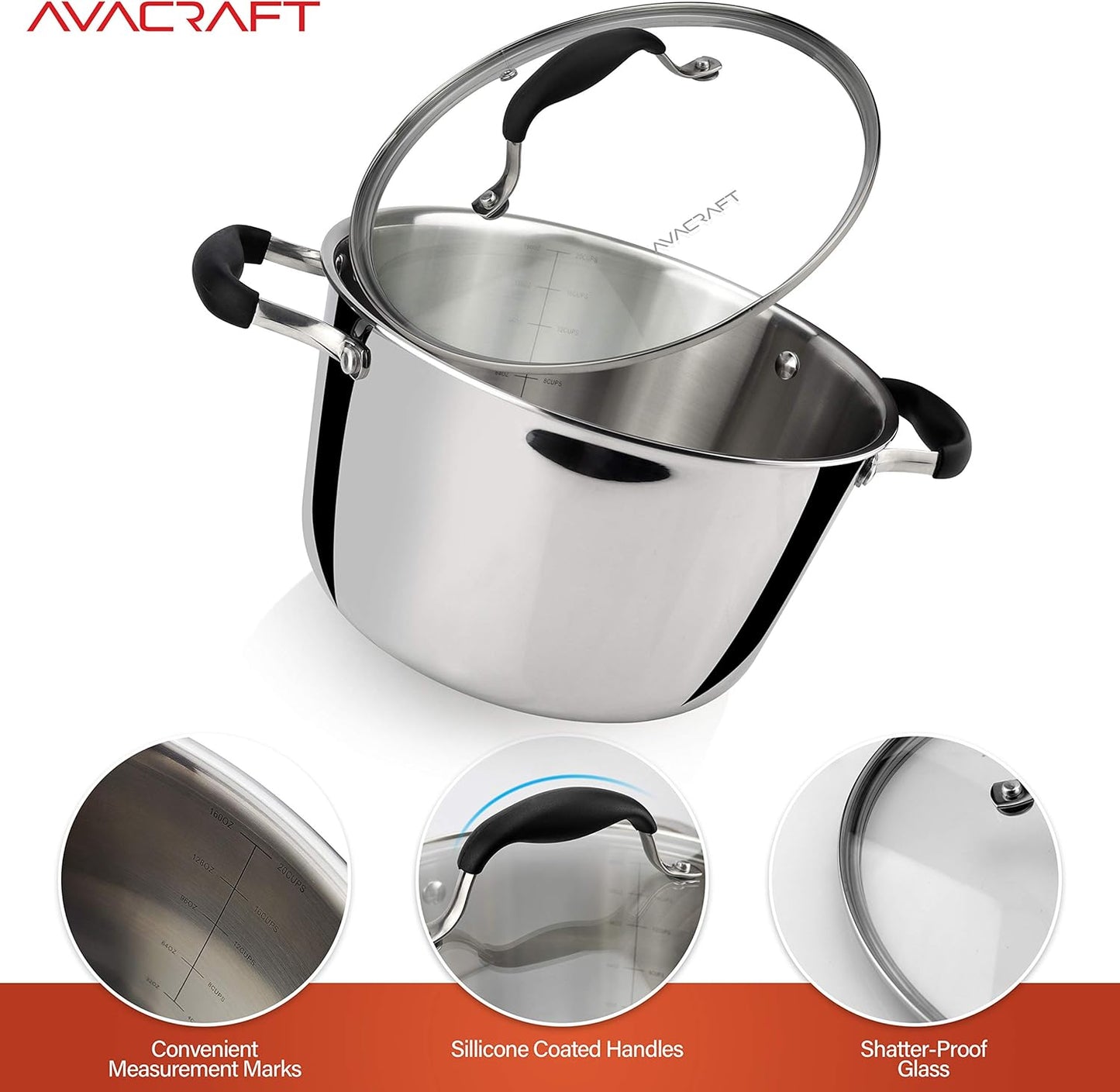 AVACRAFT 18/10 Tri-Ply Stainless Steel Dutch Oven, Chef’s Pan with Glass Lid, Induction Compatible, Multipurpose Stock Pot, 5 Quart