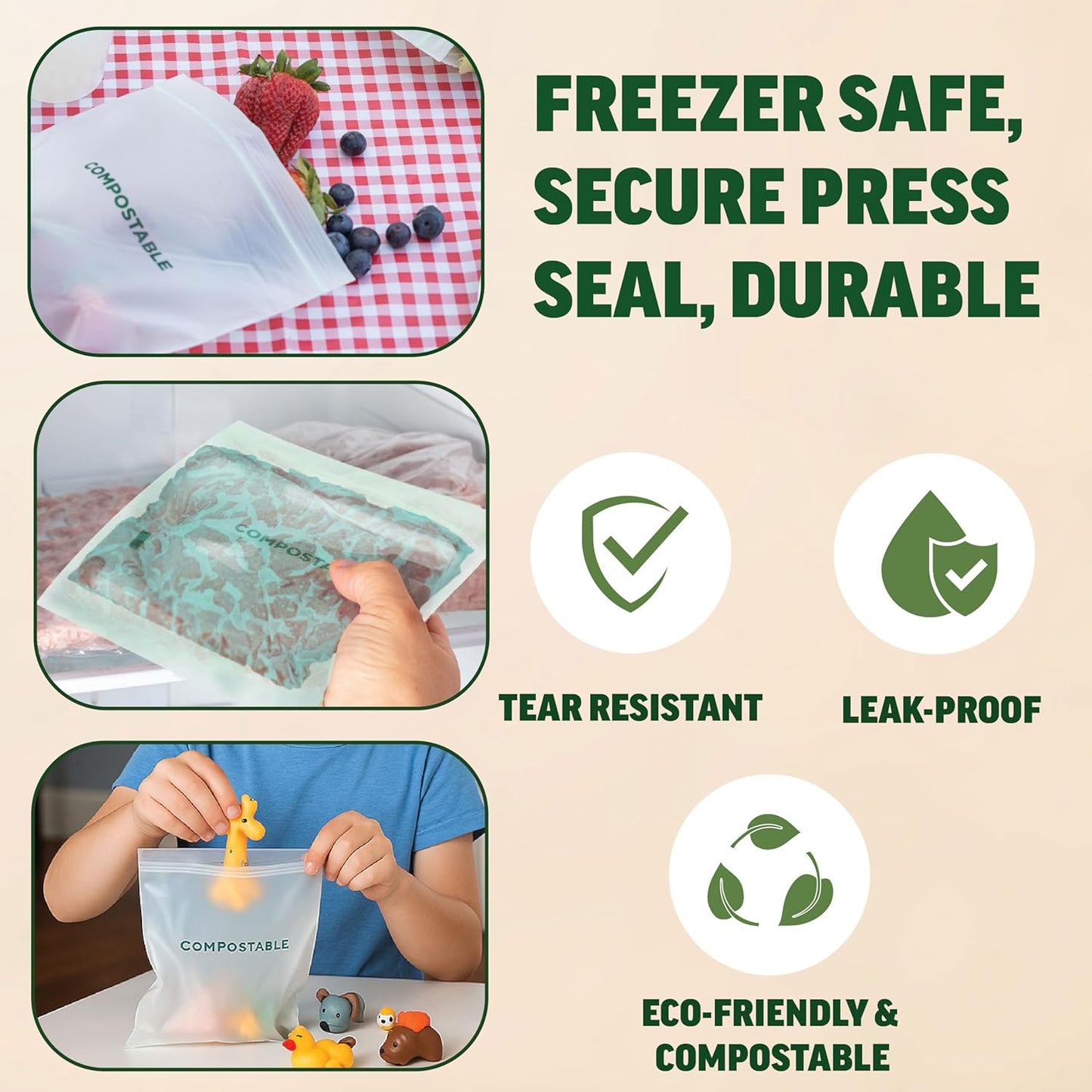 Zenlogy Home Compostable Resealable Sandwich Bags (7"x7"), Microwave & Freezer Safe, Organic Food Storage Container, 100 Count