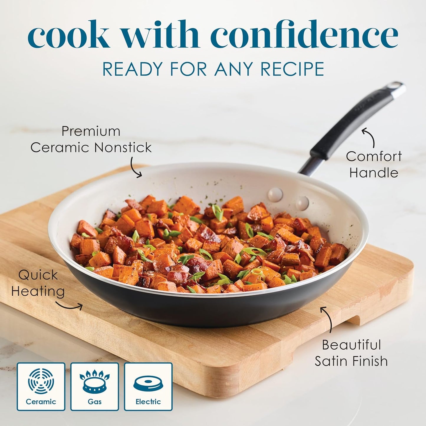 Rachael Ray Cucina Ceramic Nonstick Frying Pan/Skillet, 12.5 Inch Non Stick Open Fry Pan, Dishwasher Safe - Peppercorn