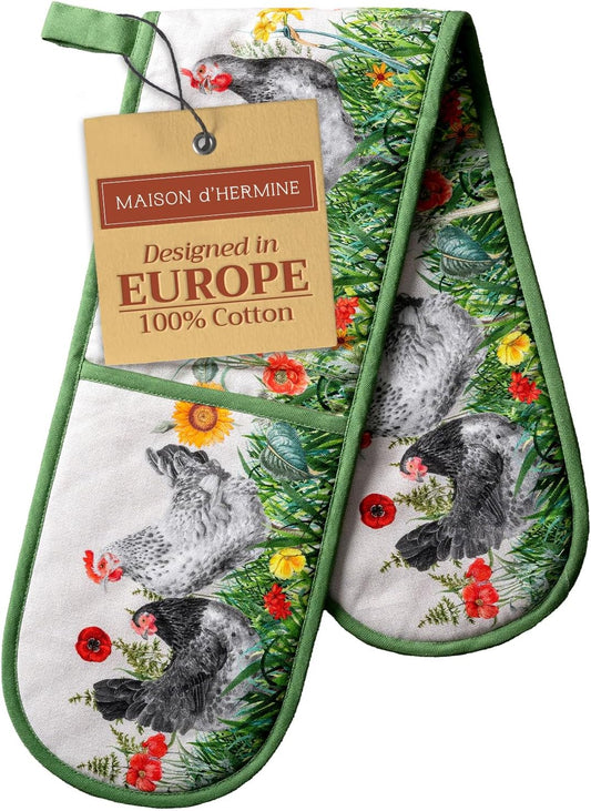 Maison d' Hermine Double Oven Mitts 100% Cotton 7"x35" Double Oven Mitt Heat Resistant BBQ Cooking Gloves with Loop, Baking, Grilling, Home, Kitchen, Handling Hot Pans Spring Summer (Basse Cour)