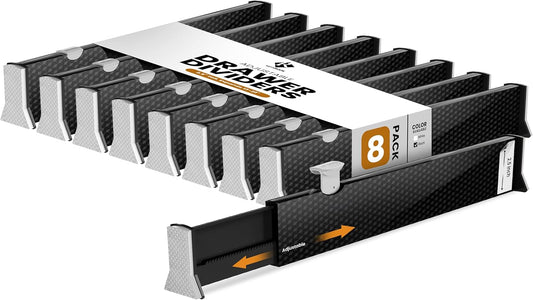 RAPTUROUS Adjustable Drawer Dividers 8 Pack, 2.5" High, 13-22" Long, Dresser Drawer Organizer for Bedroom, Closet, Kitchen, Nursery, Office, Strong Hold, Soft Foam Edges, Black