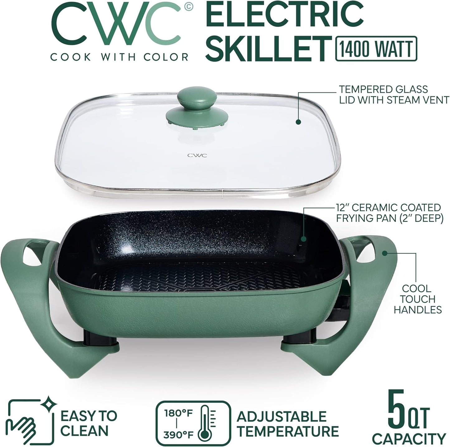 COOK WITH COLOR Electric Skillet - 12" x 12" Ceramic Nonstick Pan, PFAS-Free, 1400W, Tempered Glass Lid, Variable Temperature, Removable Heating Probe, Cool-Touch Handles, Dark Sage