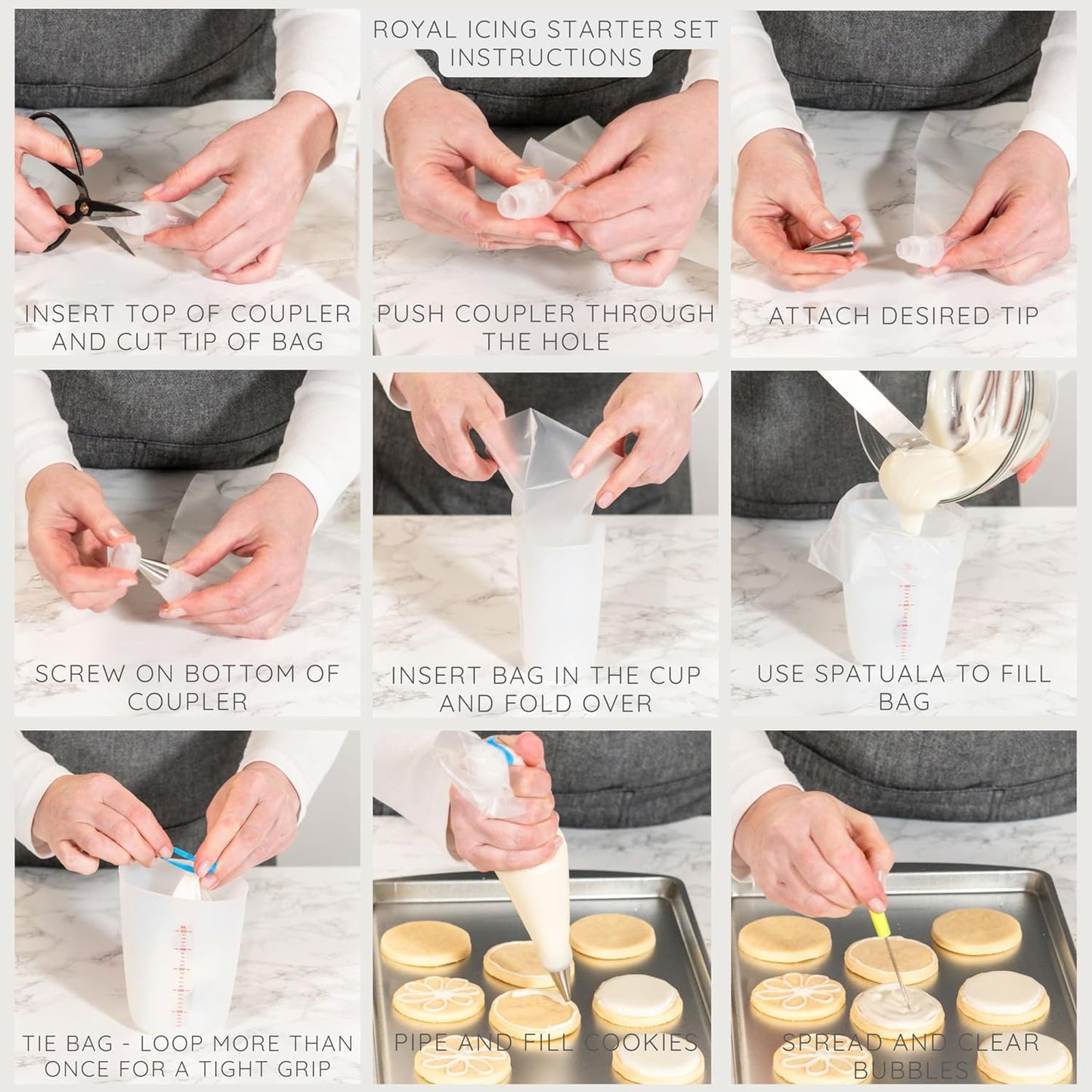 Bakerpan Royal Icing Tools Set, Royal Icing Cookie Supplies, Spatula, Piping Bags, Cup, Couplers, Bag Clamps, Piping Tips, Needle Scribes