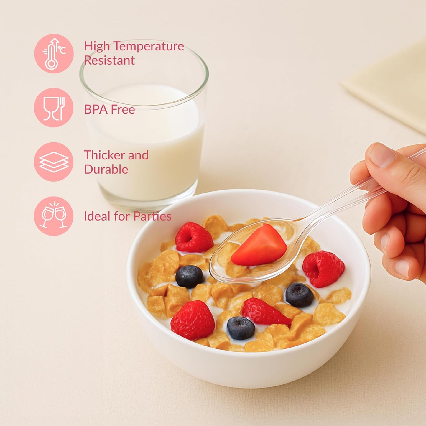 Prestee 300 Clear Plastic Spoons Bulk - Durable Disposable Plastic Silverware Spoons - Heat-Resistant Spoon Cutlery - Heavy Duty Flatware Pack - Disposable Silverware Utensil Set for Hot and Cold Food