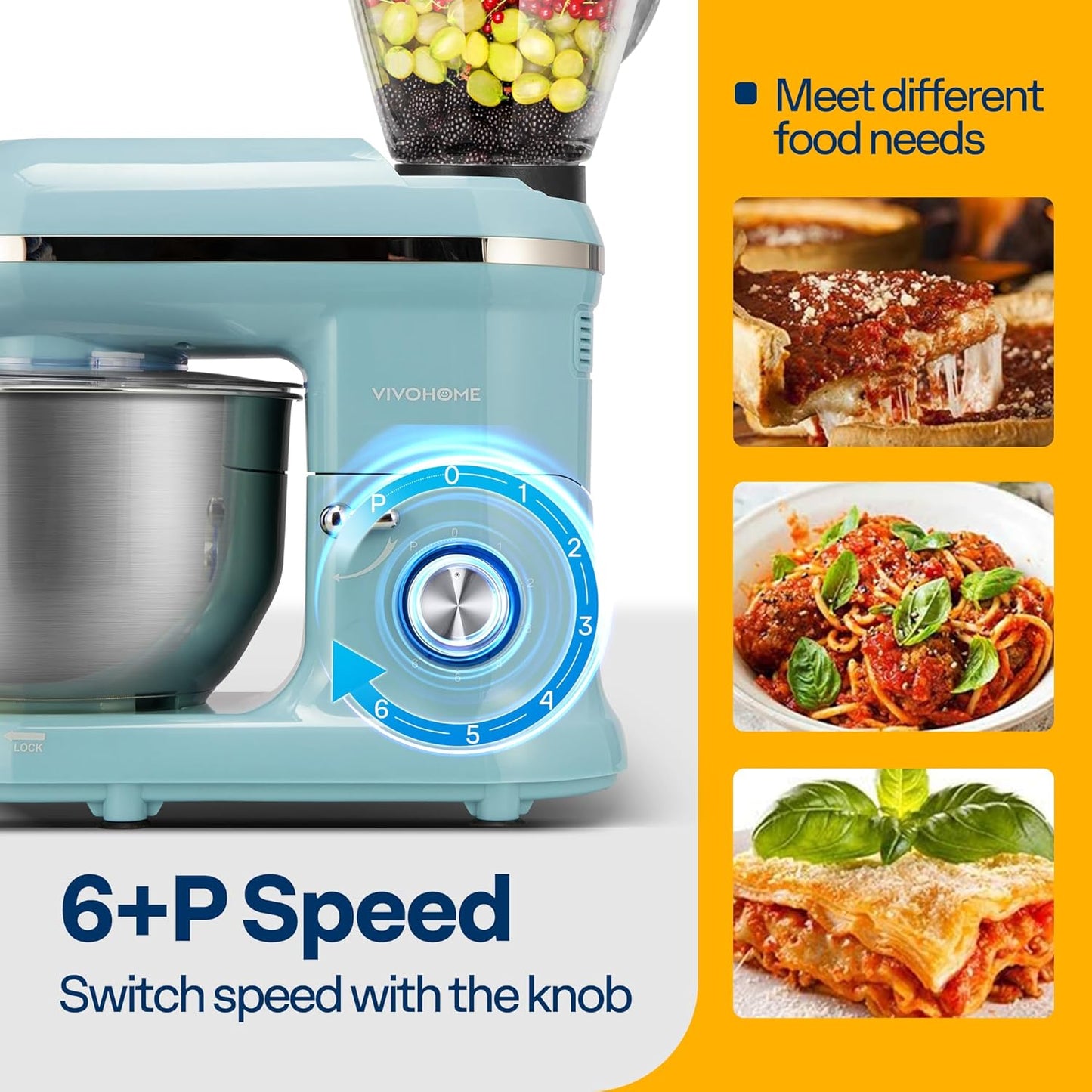 VIVOHOME 3 in 1 Multifunctional Stand Mixer with 6 Quart Stainless Steel Bowl, 650W 6 Speed Tilt-Head Meat Grinder, Juice Blender, Blue