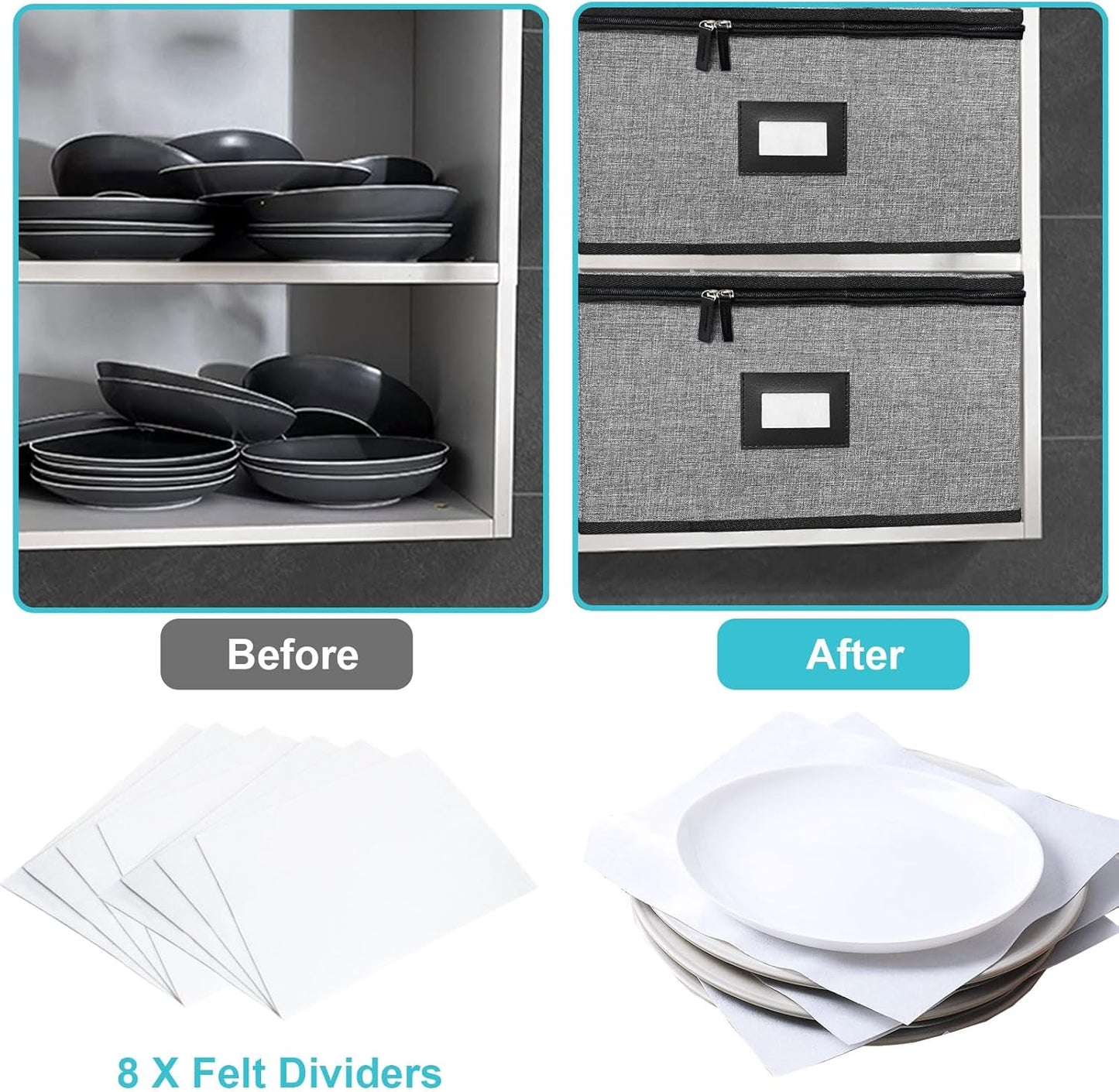 Quilted Platter Storage Case-Fine China Storage Containers Hard Shell for Organizing,Stackable Plate Storage Containers with 4 Felt Dividers,dinnerware Storage,Moving Box,Moving Supplies