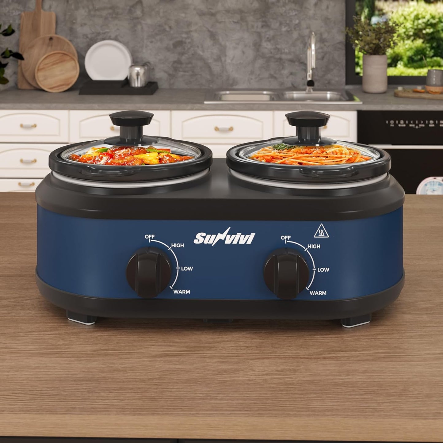 Sunvivi Double Slow Cooker,2 Removable Pots Small Mini Crock Buffet Server and Warmer with Adjustable Temp, Visible Glass Lids, Dishwasher Safe, 2 x 1.25 Quart, Blue