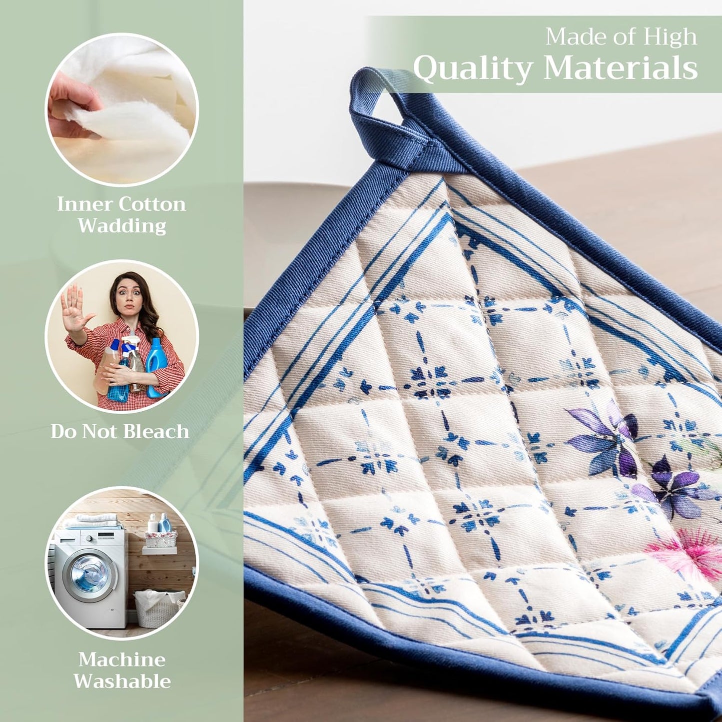 Maison d' Hermine Pot Holders Set 100% Cotton Heat Resistant Potholders 8" x 8" Hot Pads with Loop BBQ, Cooking, Baking, Grilling, Kitchen, Handling Hot Pans Spring/Summer (Pack of 2, Faience)