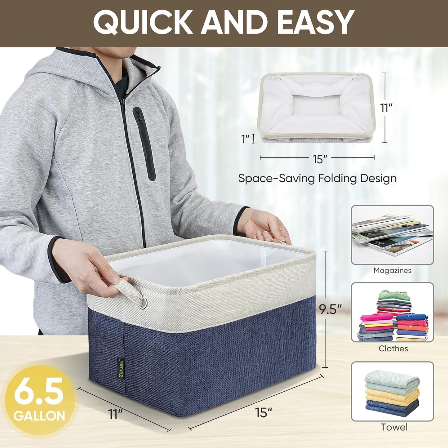 BALEINE 4 Pack Fabric Storage Bins for Shelves, Linen Storage Baskets for Organizing, Decorative Closet Bins for Clothes, Home (Navy Blue, 15"x11"x9.5")