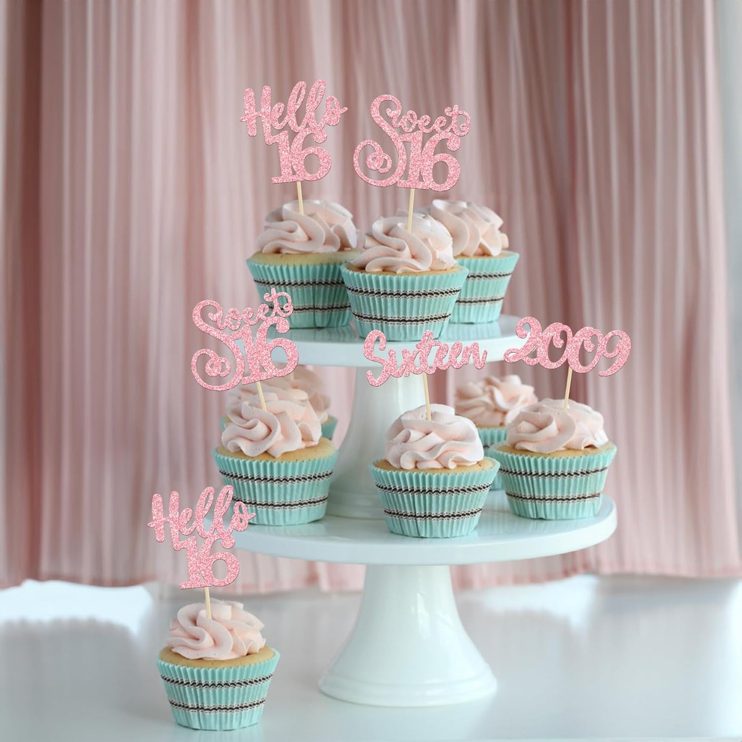 Gyufise 24Pcs Happy 16th Birthday Cupcake Toppers Glitter Hello 16 Sweet 16 Sixteen Years Old Cupcake Picks for Celebrating 16th Birthday Anniversary Party Cake Decorations Supplies Pink