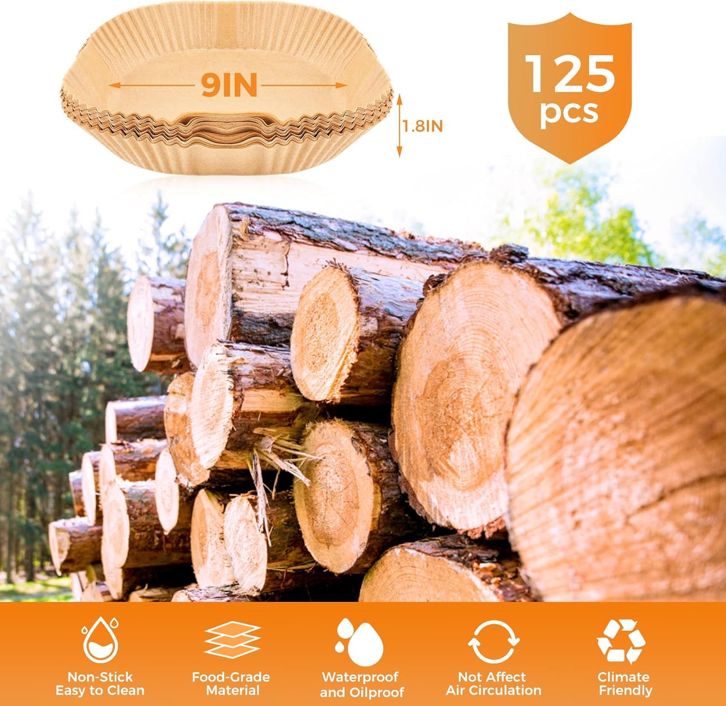 Vailnd 9inch Square Air Fryer Disposable Paper Liners, 125PCS Non-Stick Food Grade Air Fryer Parchment Liner, Oil Resistant, Waterproof, Food Grade Baking Paper for 8-12 QT Air Fryer Microwave