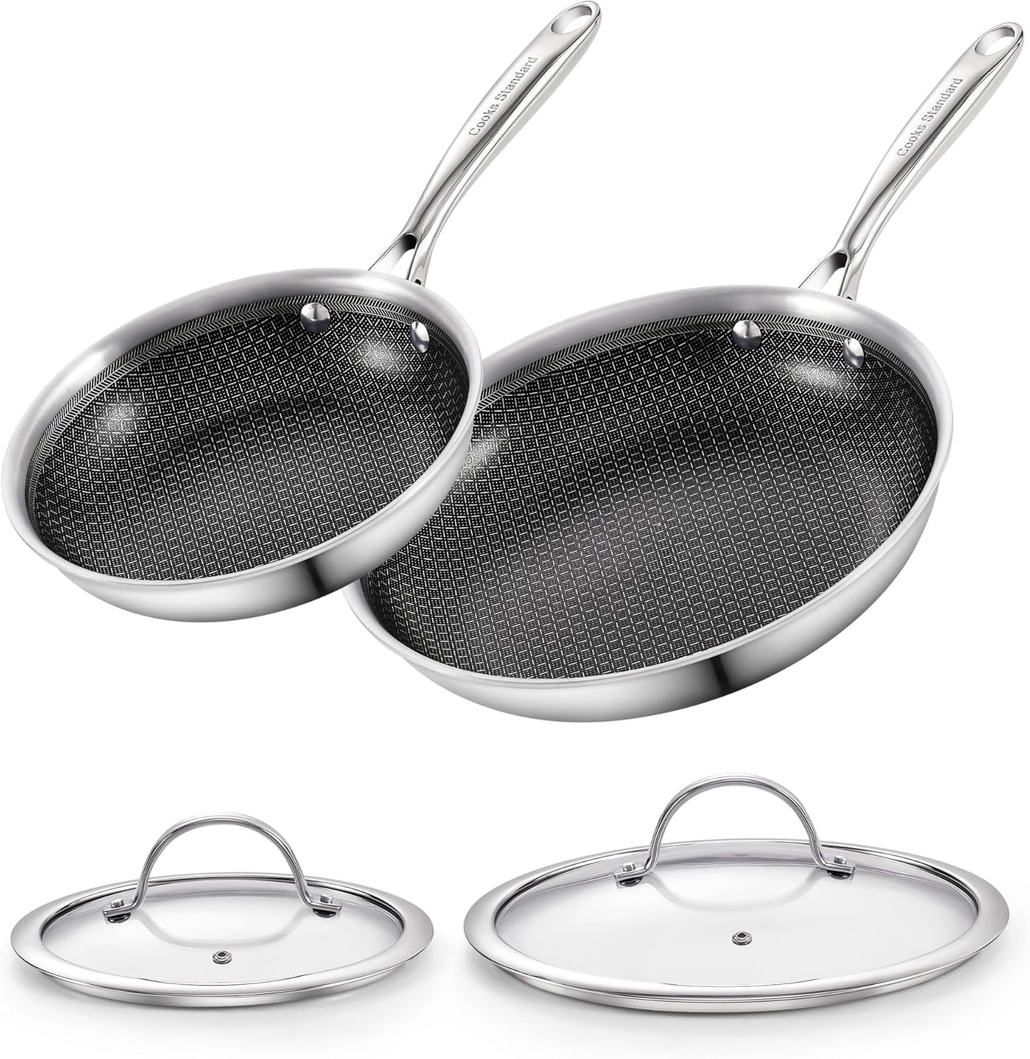 Cooks Standard Hybrid Nonstick Frying Pan Set, 8 and 10-Inch Multi-Ply Clad Stainless Steel 2 Piece Skillet with Tempered Glass Lids, Oven Safe, Compatible with All Stovetops