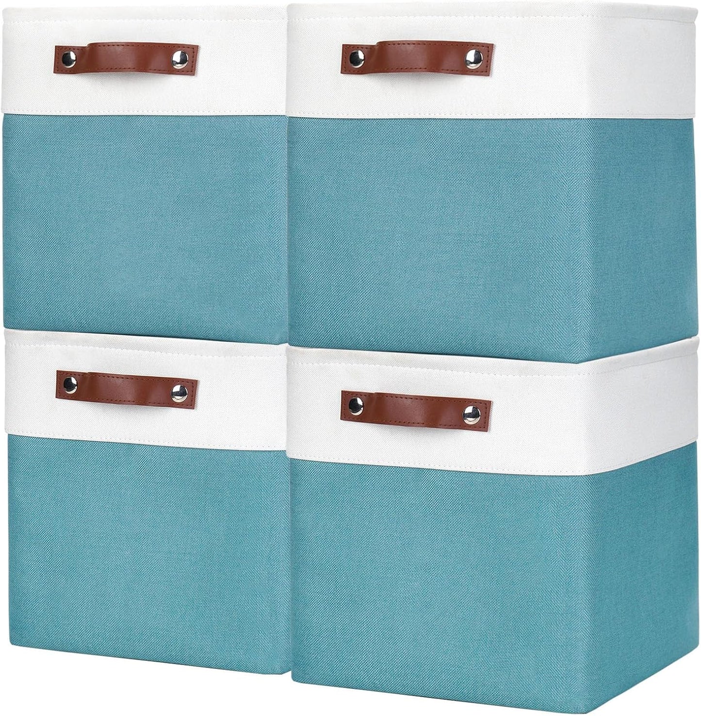 Collapsible Fabric Storage Cubes 11x11 Cube Storage Bins, 4 Pack Closet Baskets Box with Handles for Organizing, Shelf, Toys, Clothes, Home, Office, Nursery (Teal&White)